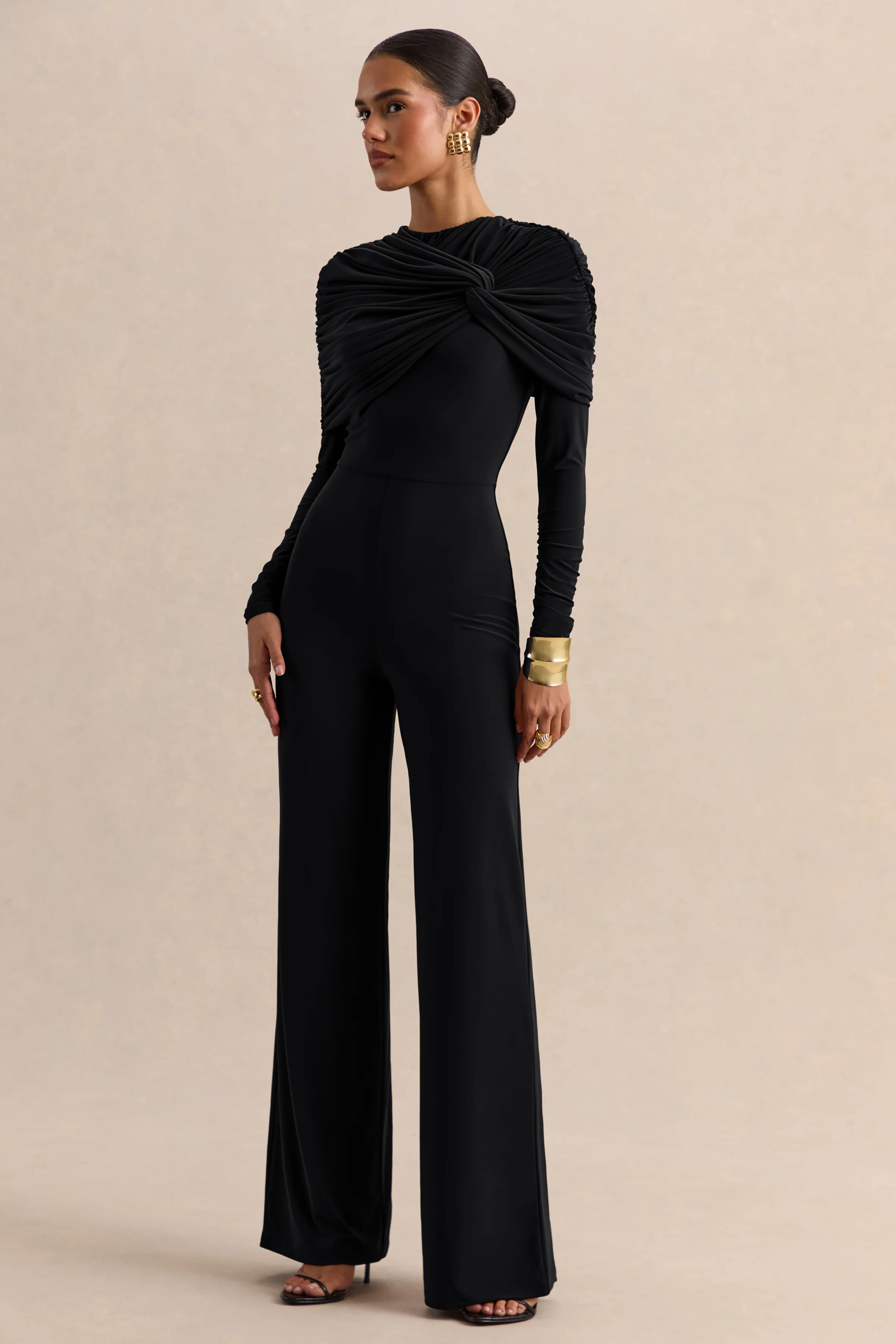 Eloura | Zwarte Jumpsuit Met Hoge Hals En Gedraaid Rimpel Detail - Image 4
