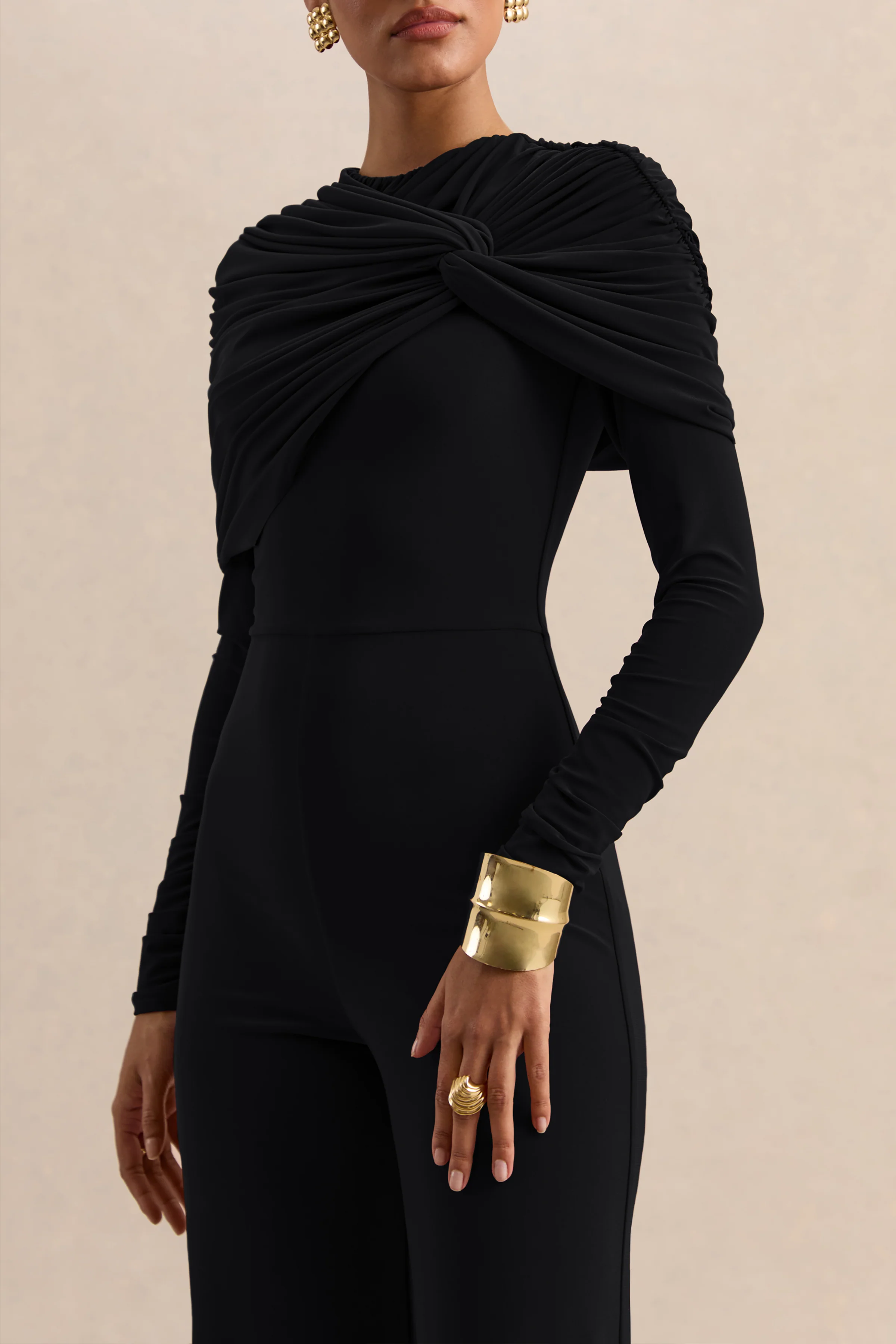 Eloura | Zwarte Jumpsuit Met Hoge Hals En Gedraaid Rimpel Detail - Image 5