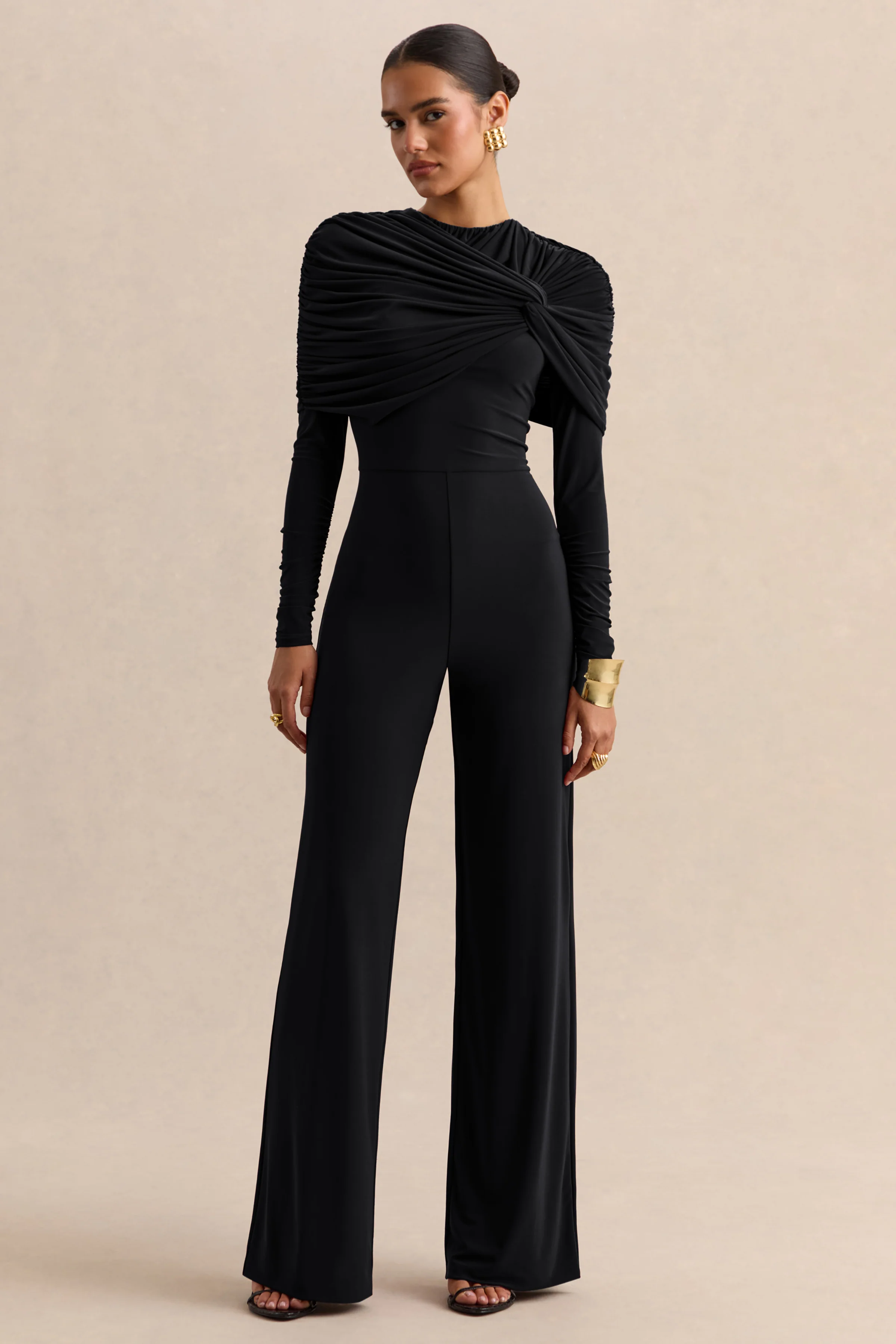 Eloura | Zwarte Jumpsuit Met Hoge Hals En Gedraaid Rimpel Detail - Image 6