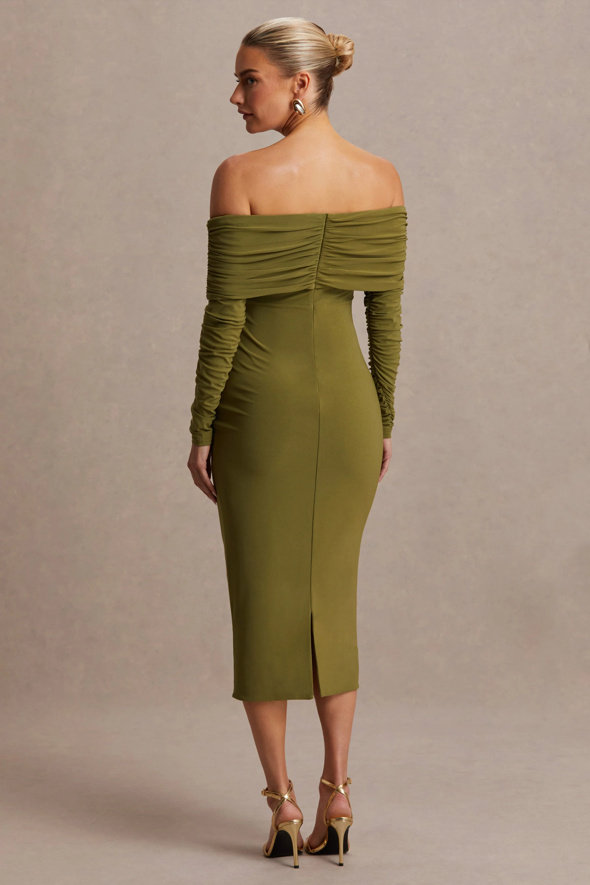 Elspeth | Olijfgroene Zwangerschap Midi Jurk Met Bardot Hals - Image 2