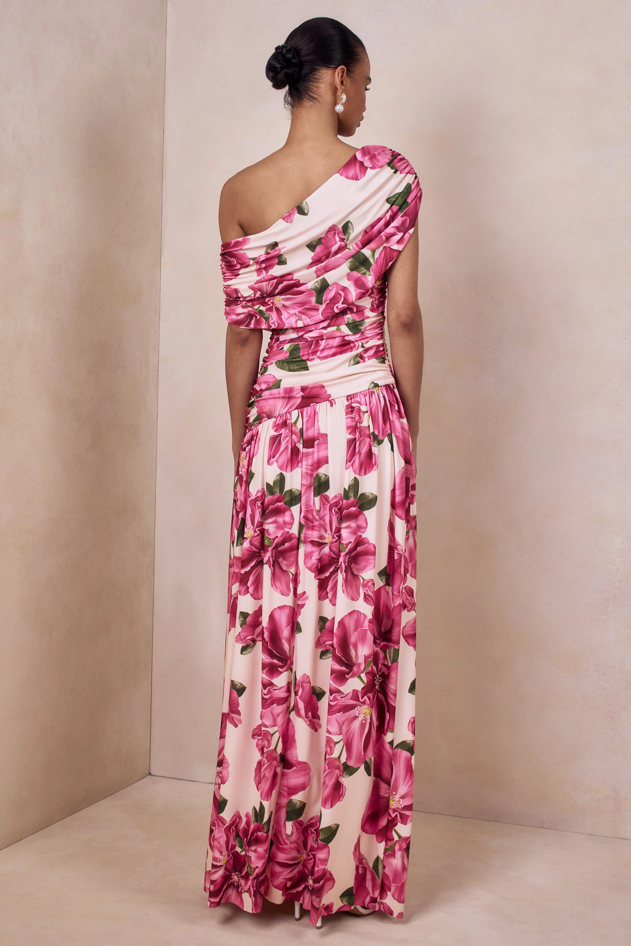 Emberly | Roze Bloemenprint Maxi Jurk Met Asymmetrische Halslijn En Lage Taille - Image 2