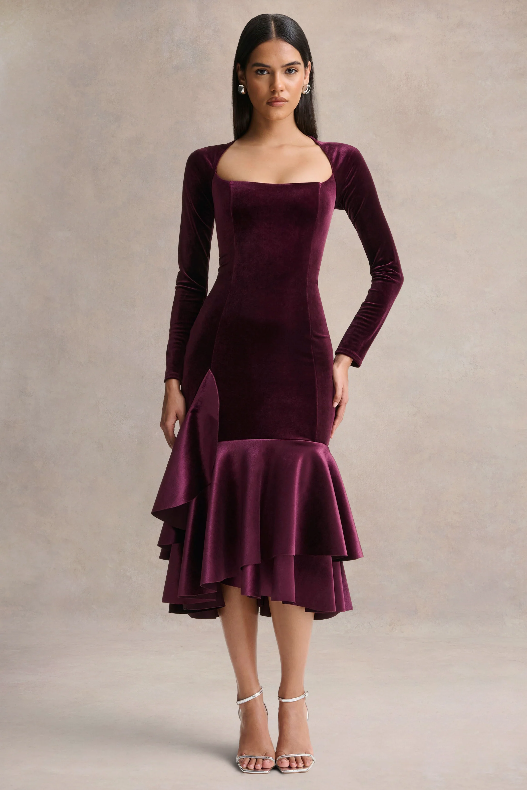 Emberlyn | Bordeaux Fluwelen Lage Ronde Hals Fishtail Midi Jurk
