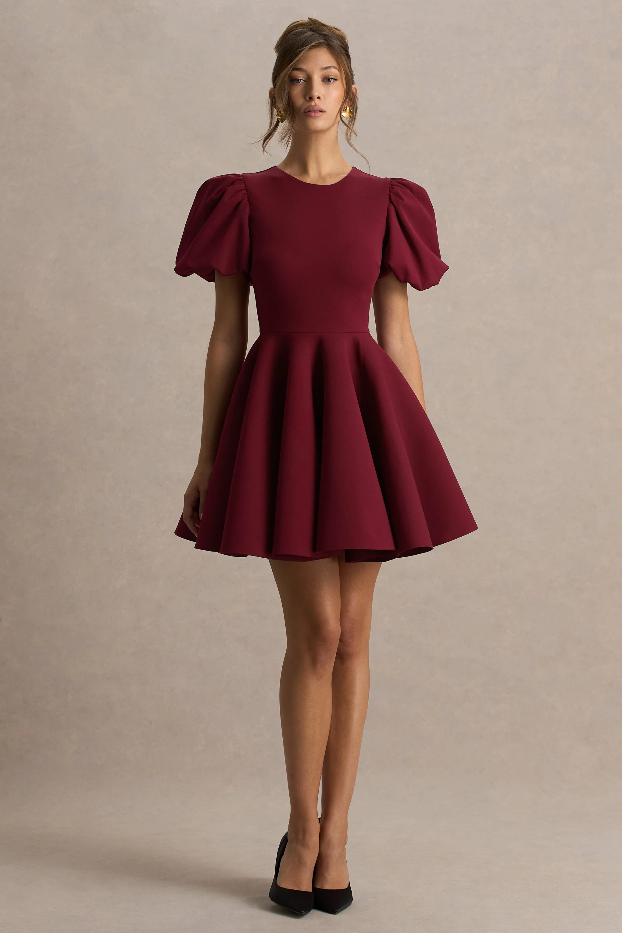 Emelia | Bordeaux Skater Jurk Met Pof-Mouwen