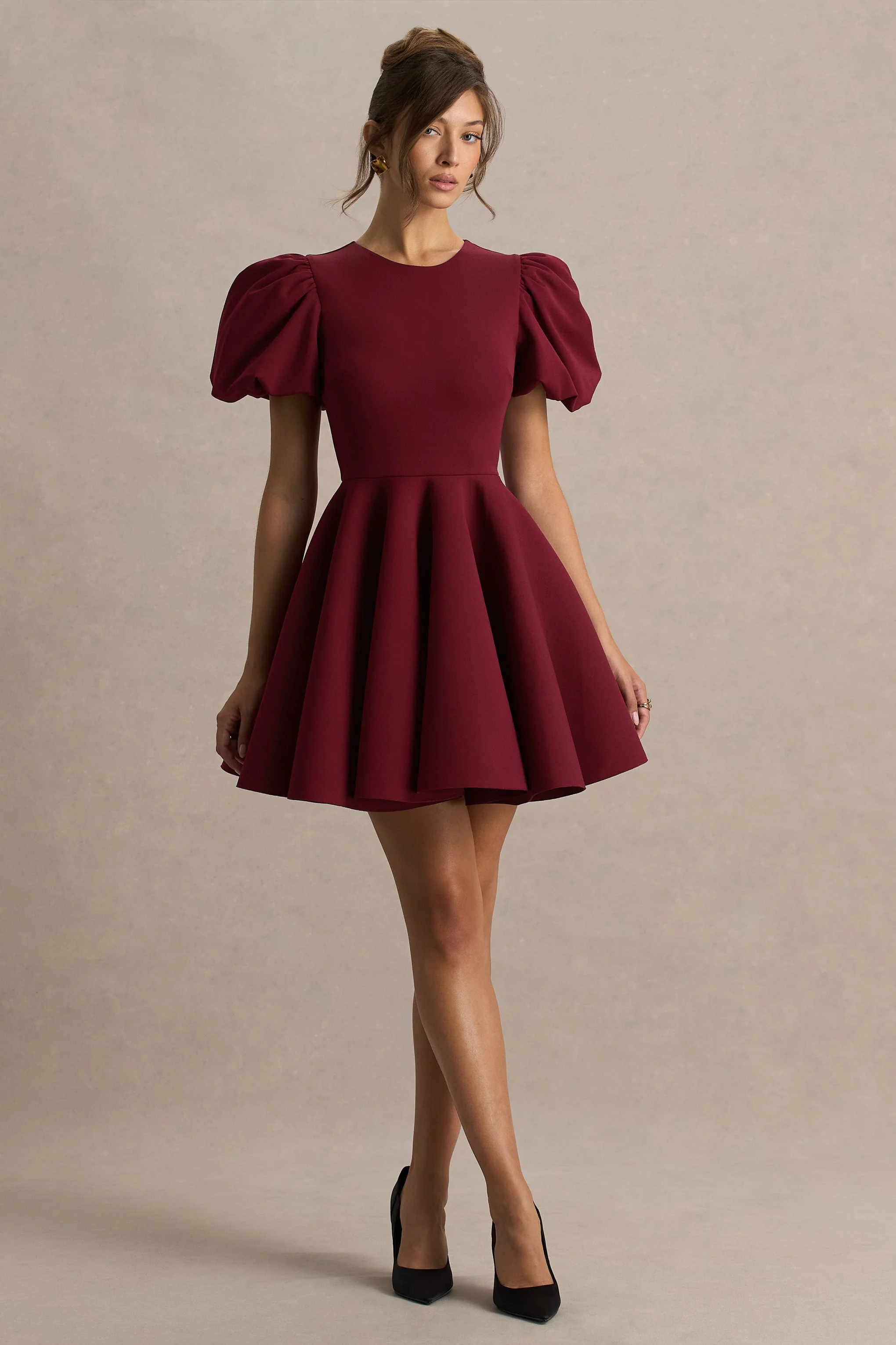 Emelia | Bordeaux Skater Jurk Met Pof-Mouwen - Image 5