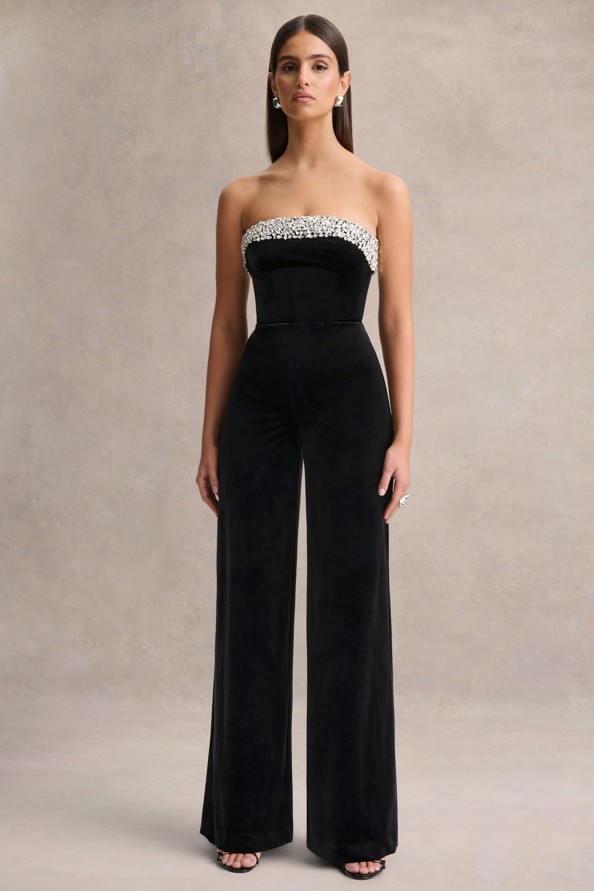Emelie | Zwart Fluwelen Versierde Bandeau Jumpsuit