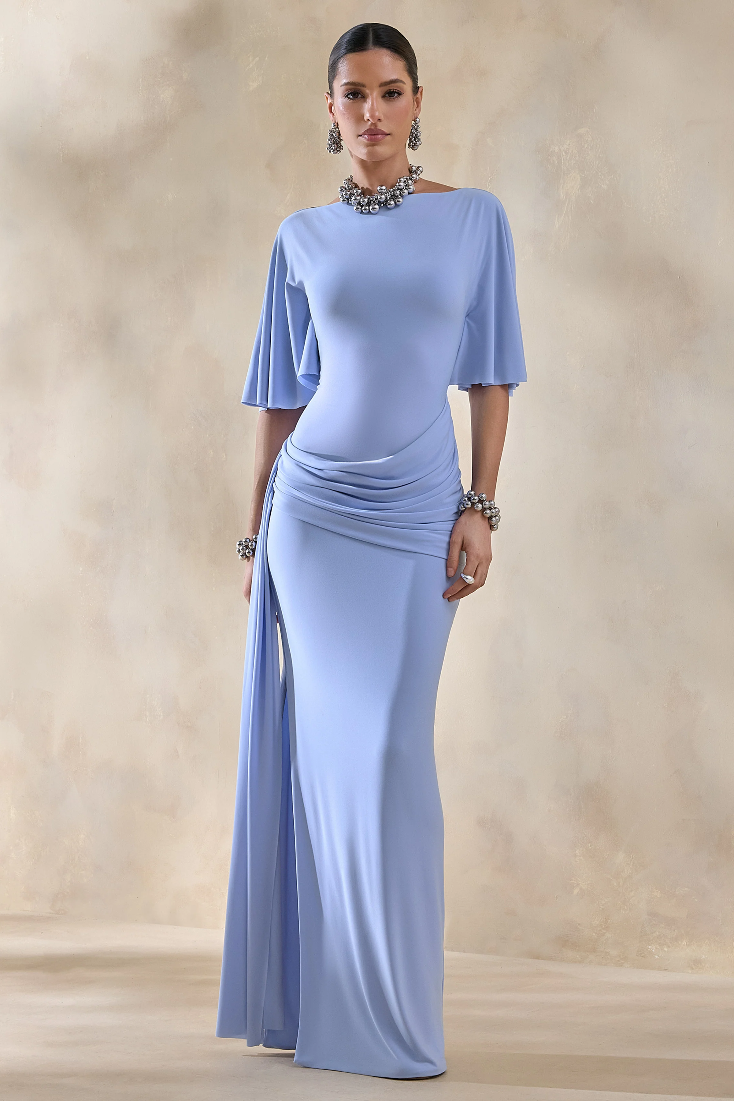 Emerelle | Poederblauwe Brede Hals Maxi Jurk Met Ceintuur En Draperend detail - Image 4