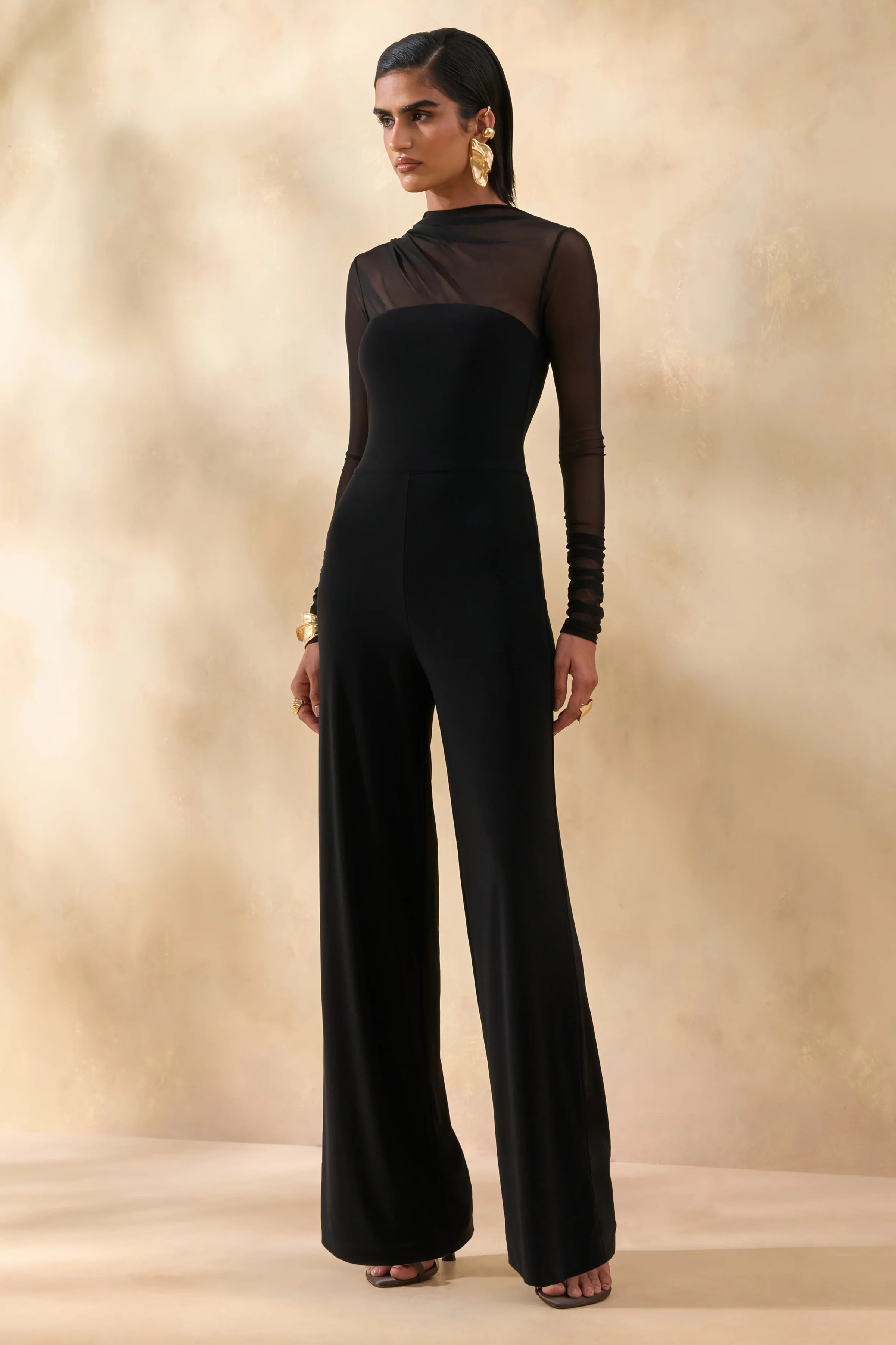 Emeria | Zwarte Hoge Hals Jumpsuit Met Lange Mesh Mouwen
