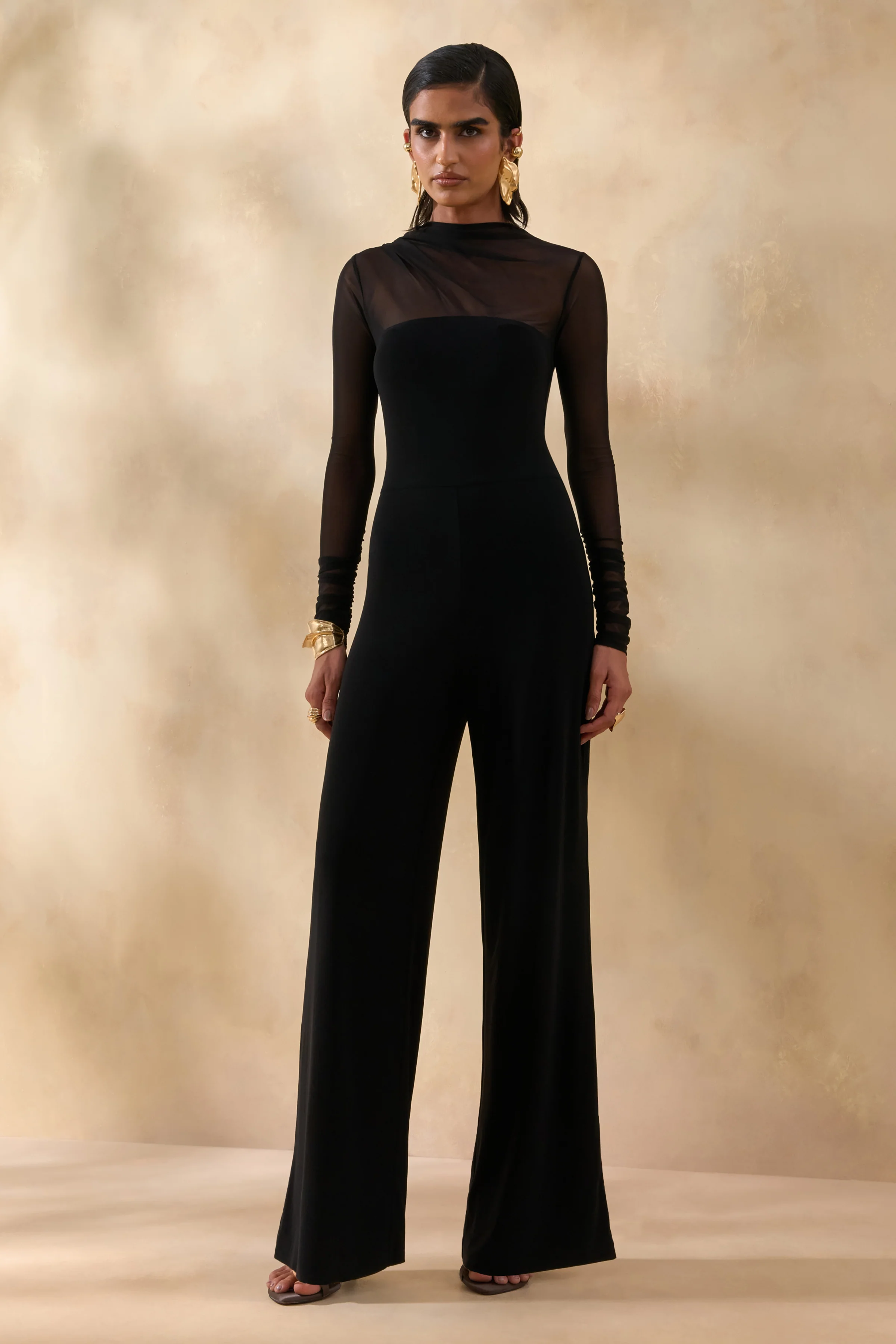 Emeria | Zwarte Hoge Hals Jumpsuit Met Lange Mesh Mouwen - Image 4