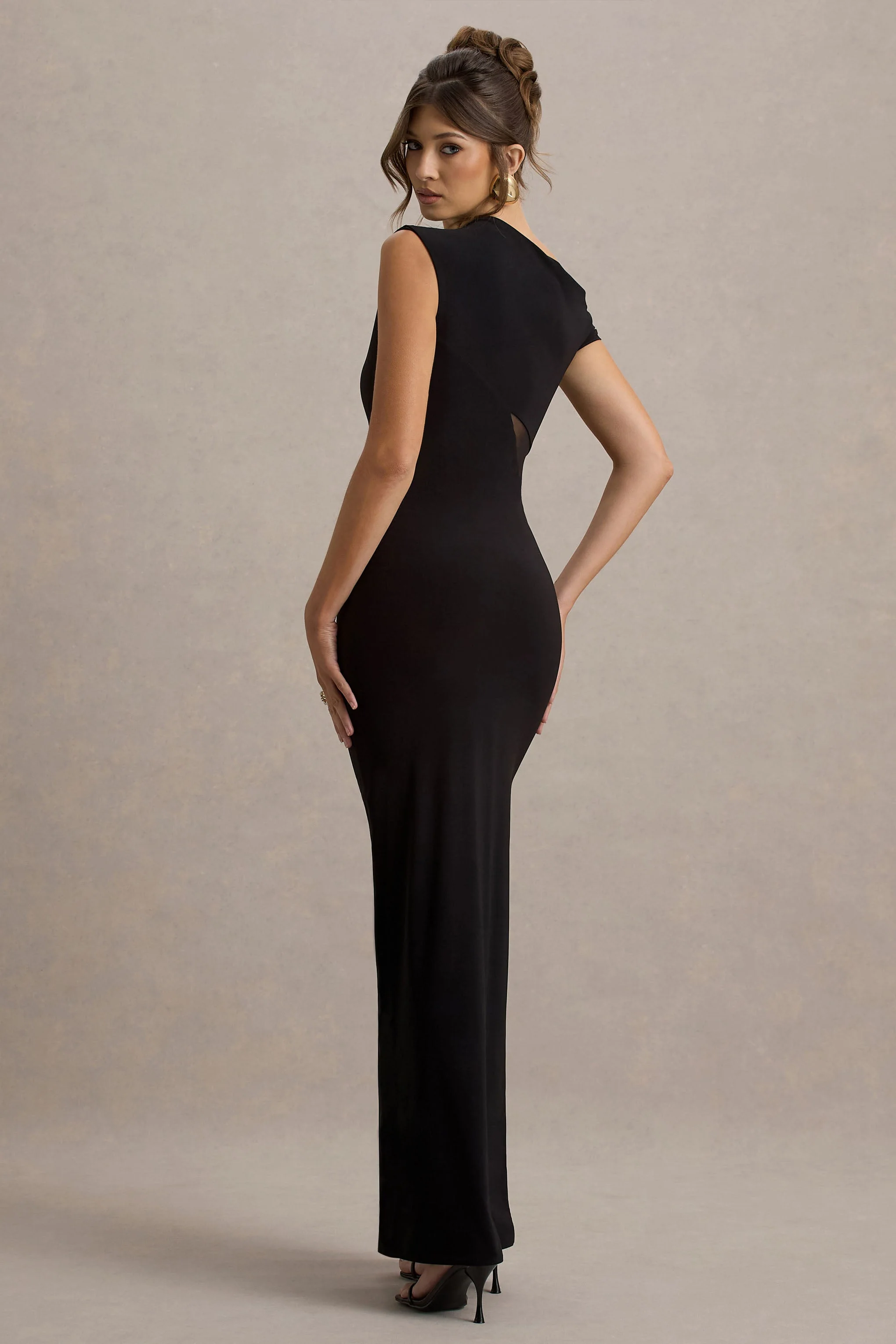 Emily | Zwarte Asymmetrische Split Maxi Jurk Met Mesh Details - Image 2
