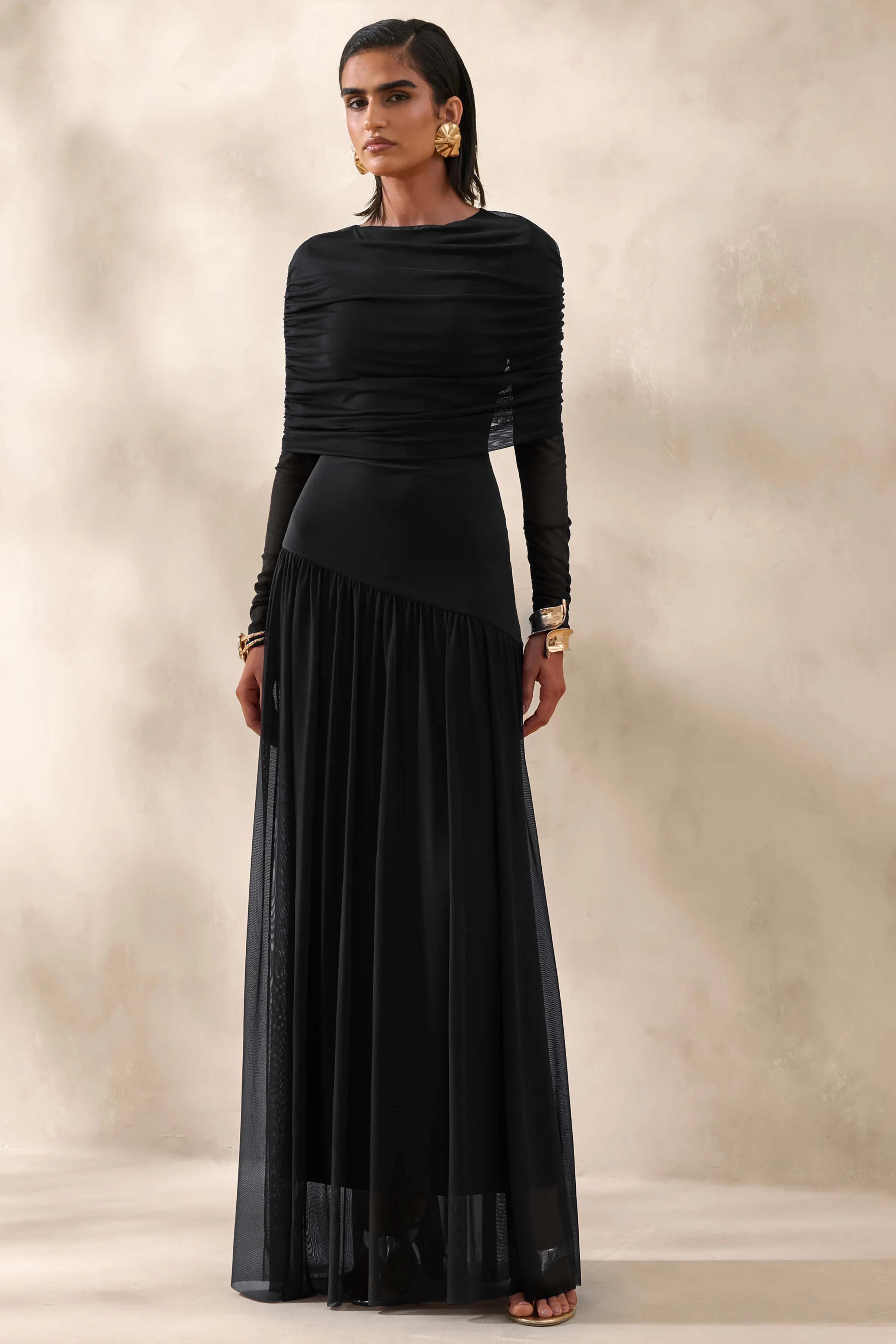Enalia | Zwarte Mesh Hoge Hals Maxi Jurk Met Korte Cape - Image 4