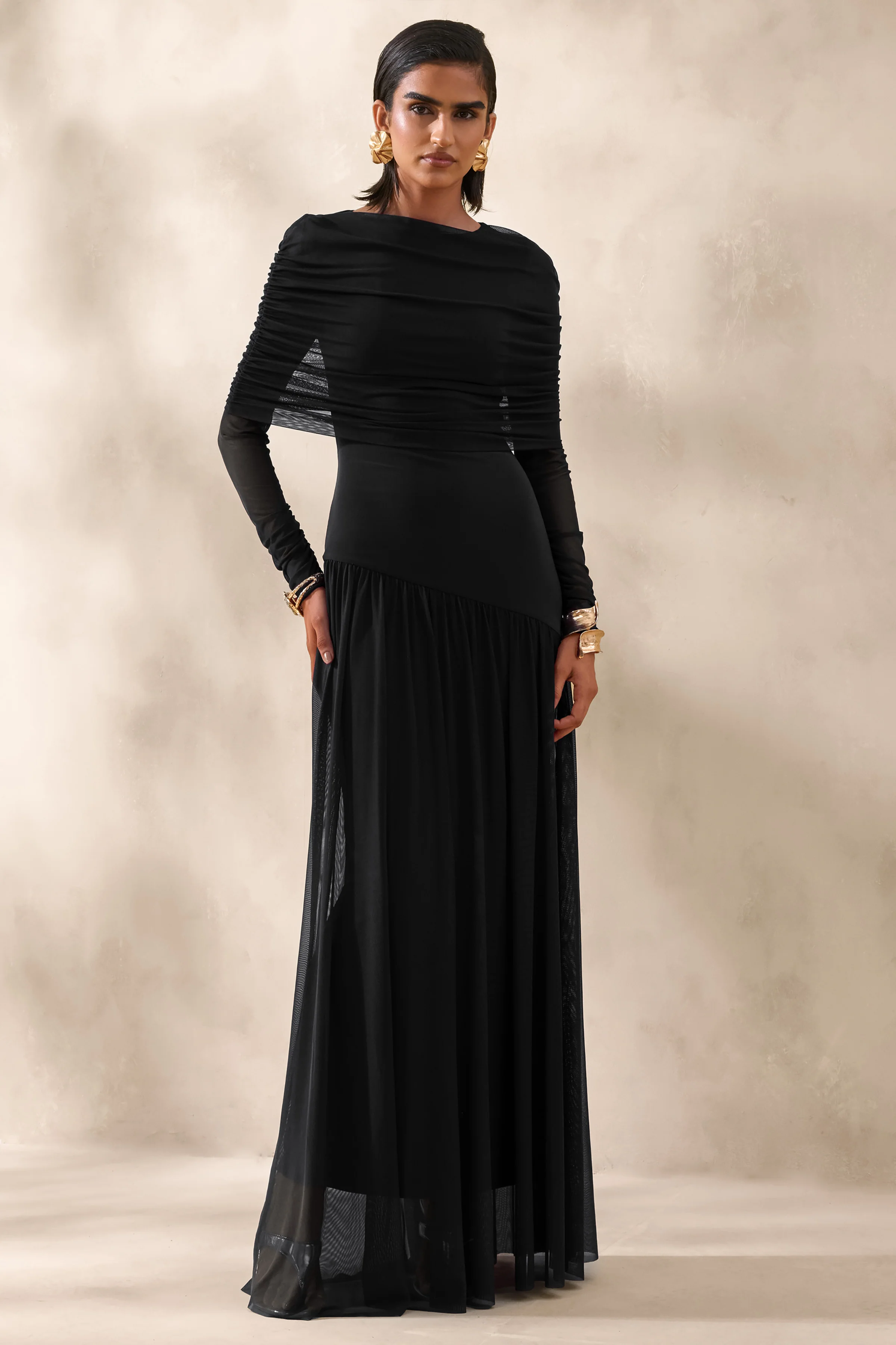 Enalia | Zwarte Mesh Hoge Hals Maxi Jurk Met Korte Cape - Image 5