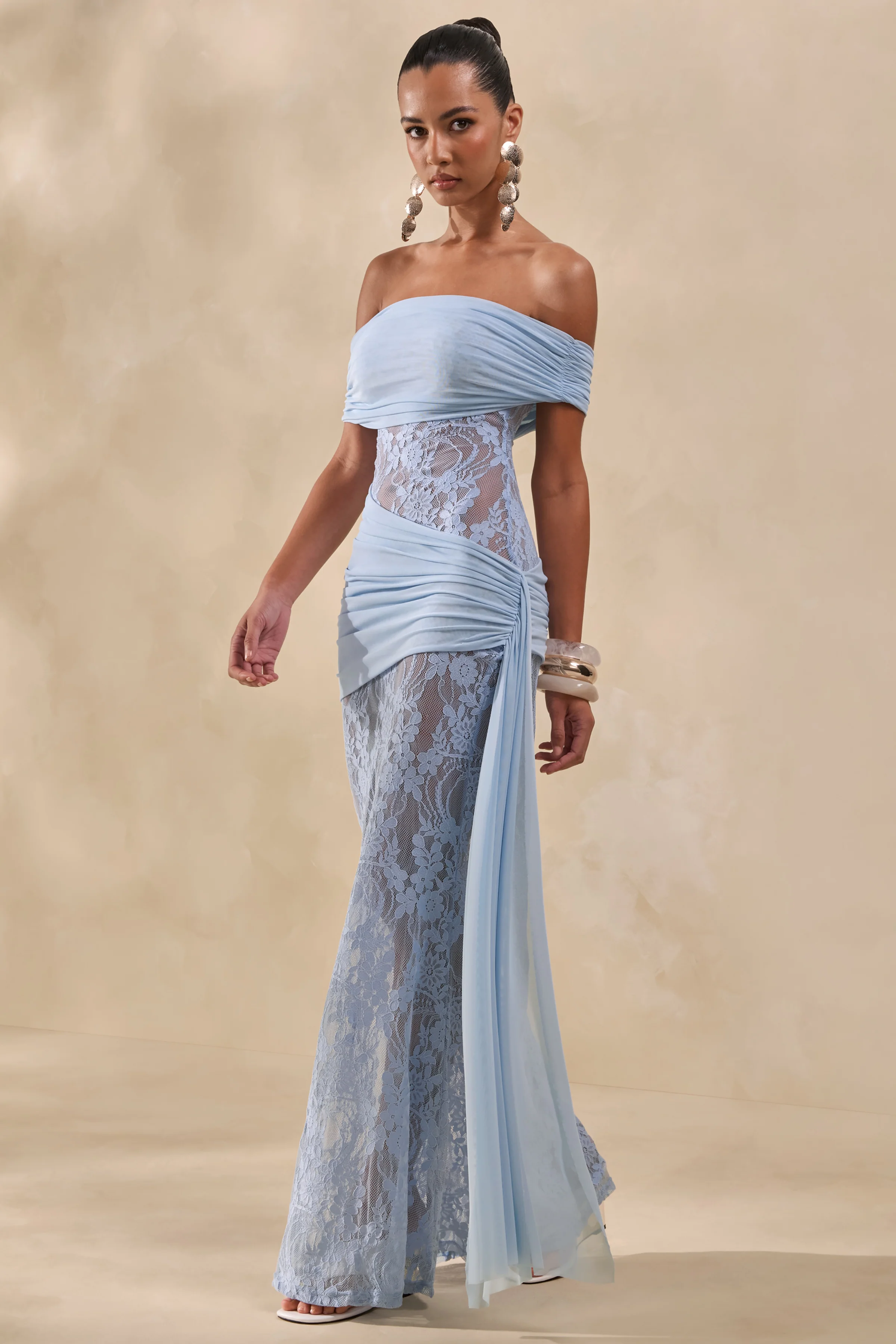 Enavine | Poederblauwe Kanten Bardot Hals Maxi Jurk Met Gerimpelde Details En Ceintuur - Image 5