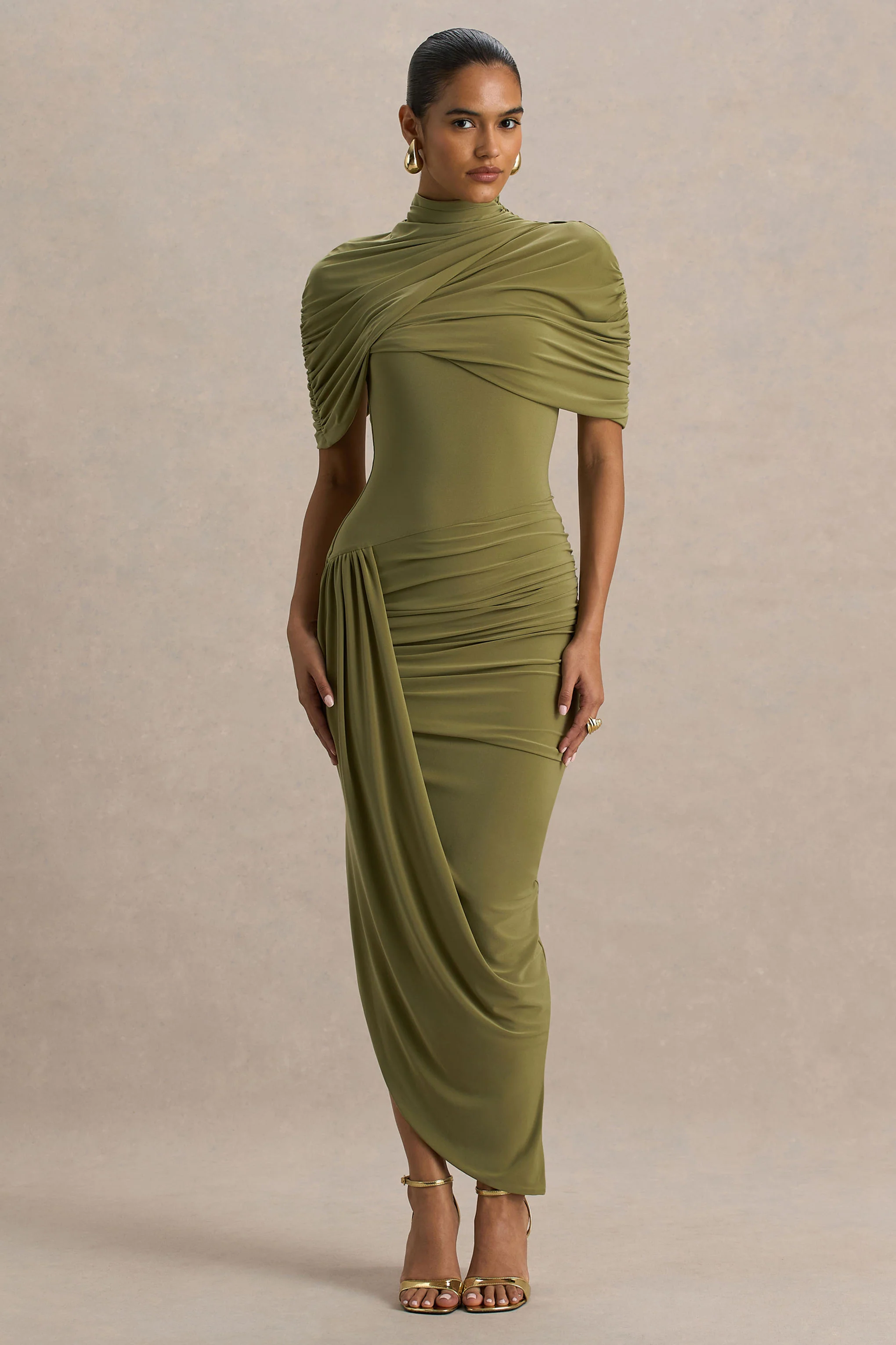 Enchant | Olijfgroene Asymmetrische Gedraaide Cape Midi Jurk