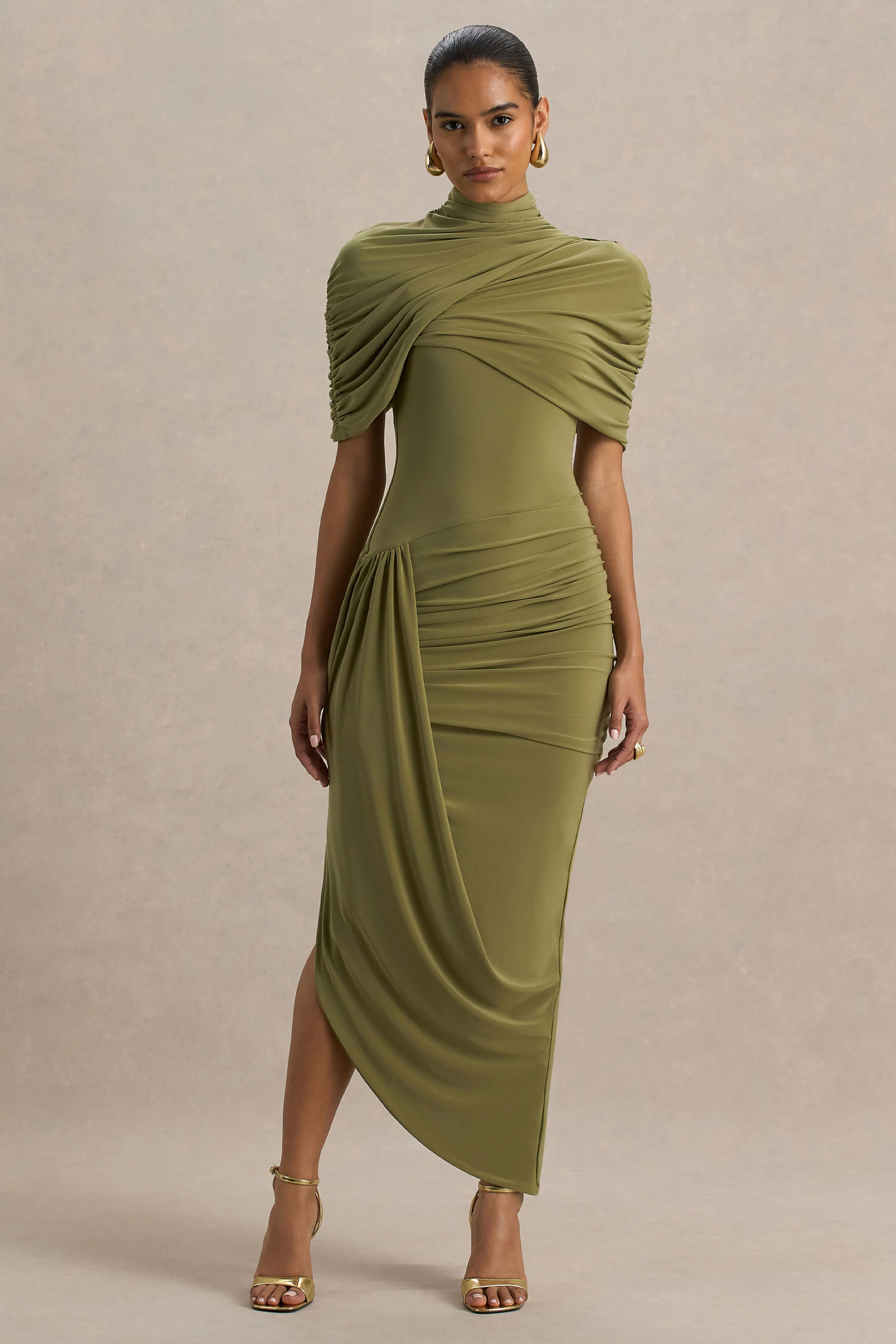 Enchant | Olijfgroene Asymmetrische Gedraaide Cape Midi Jurk - Image 3