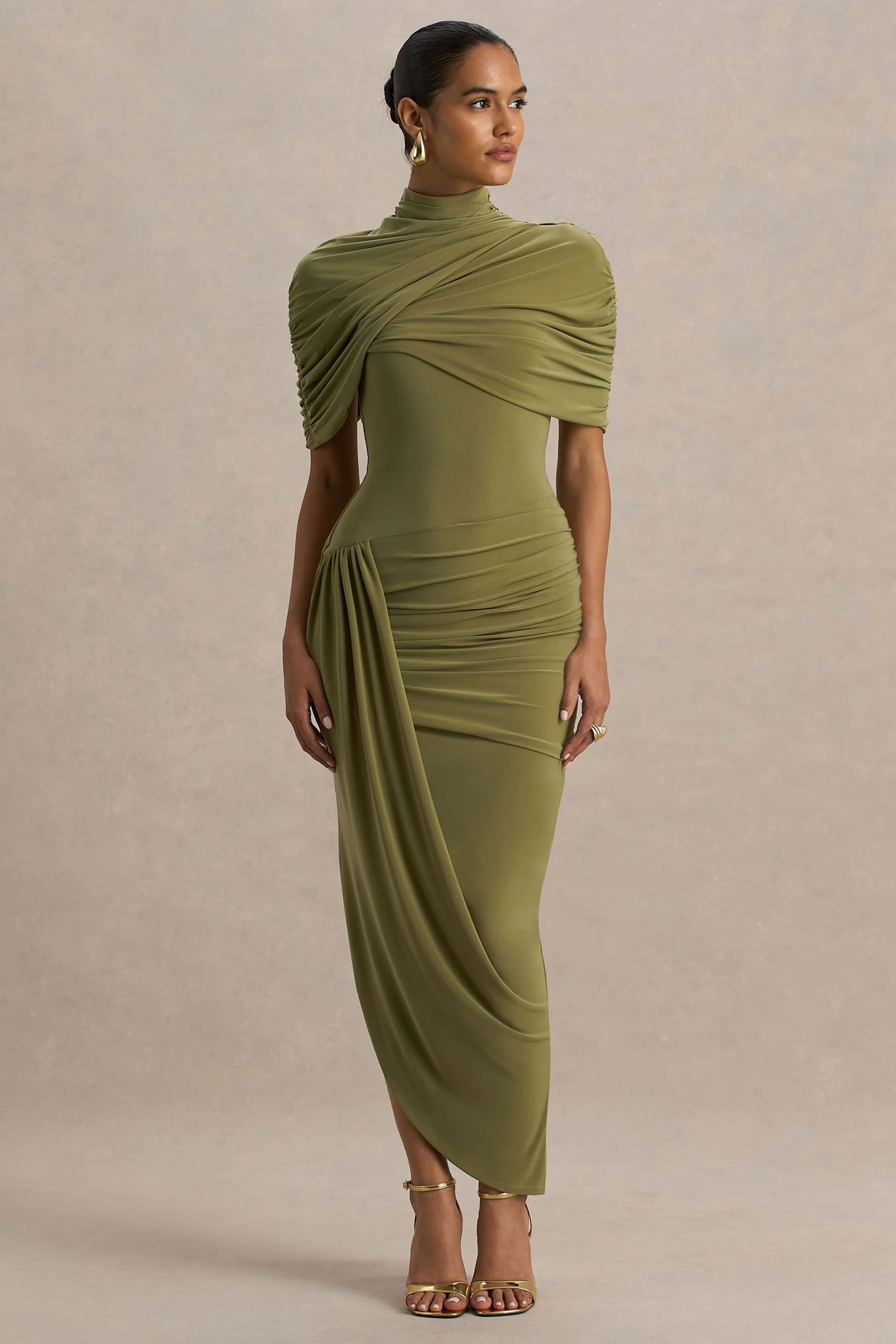 Enchant | Olijfgroene Asymmetrische Gedraaide Cape Midi Jurk - Image 4