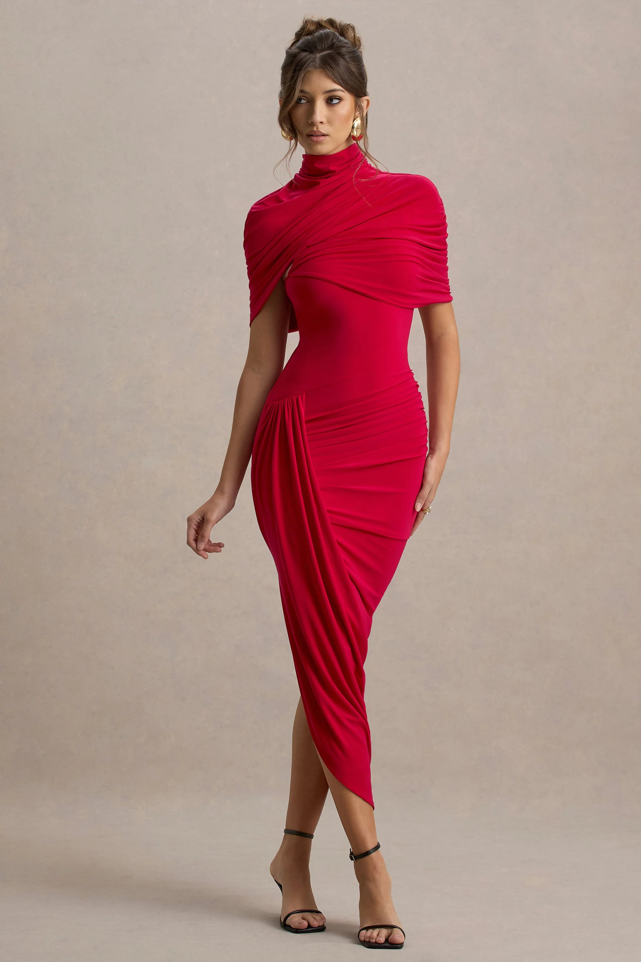 Enchant | Rode Asymmetrische Gedraaide Cape Midi Jurk - Image 4