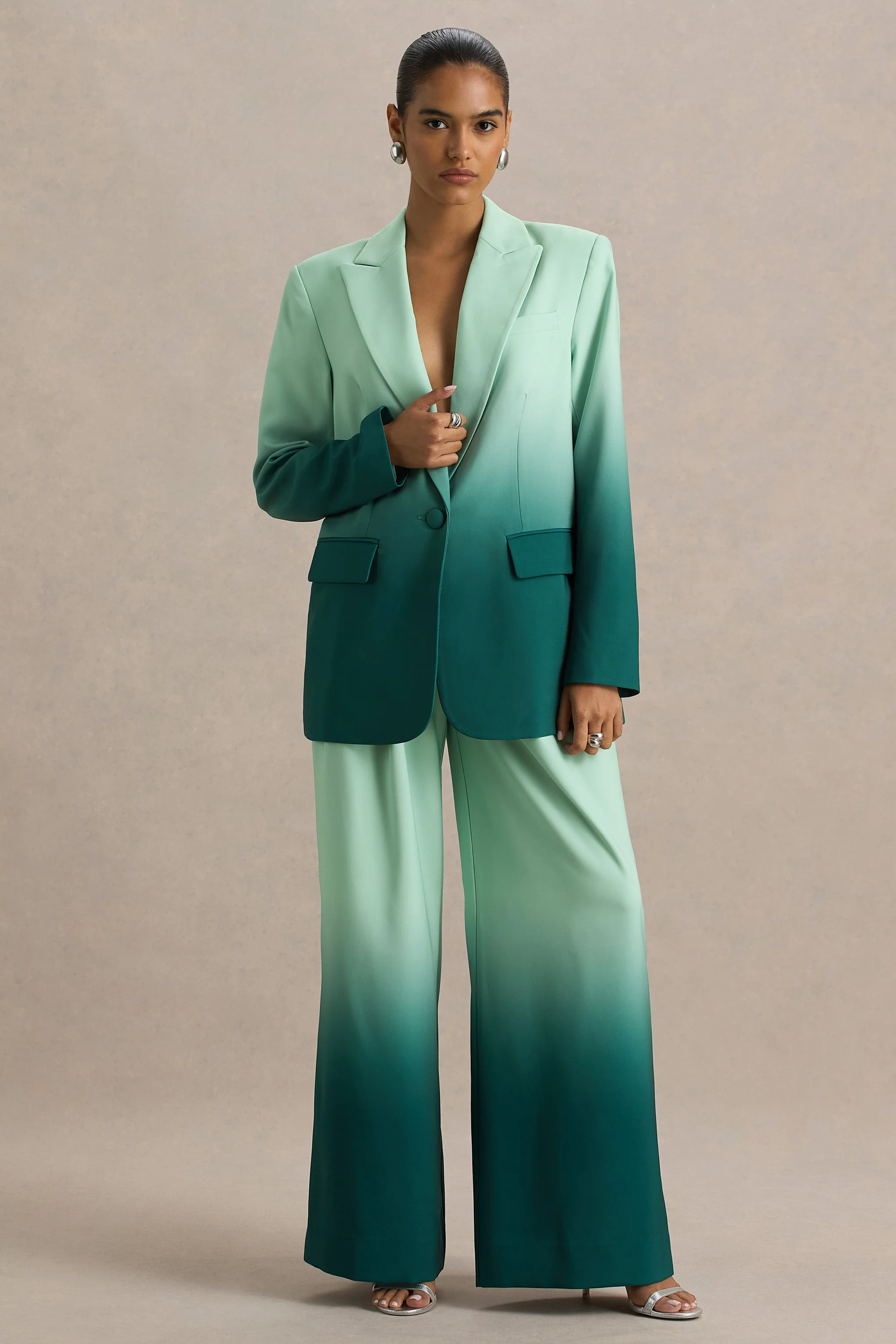 Enya | Smaragdgroene Ombre Diepe V-Hals Satijnen blazer