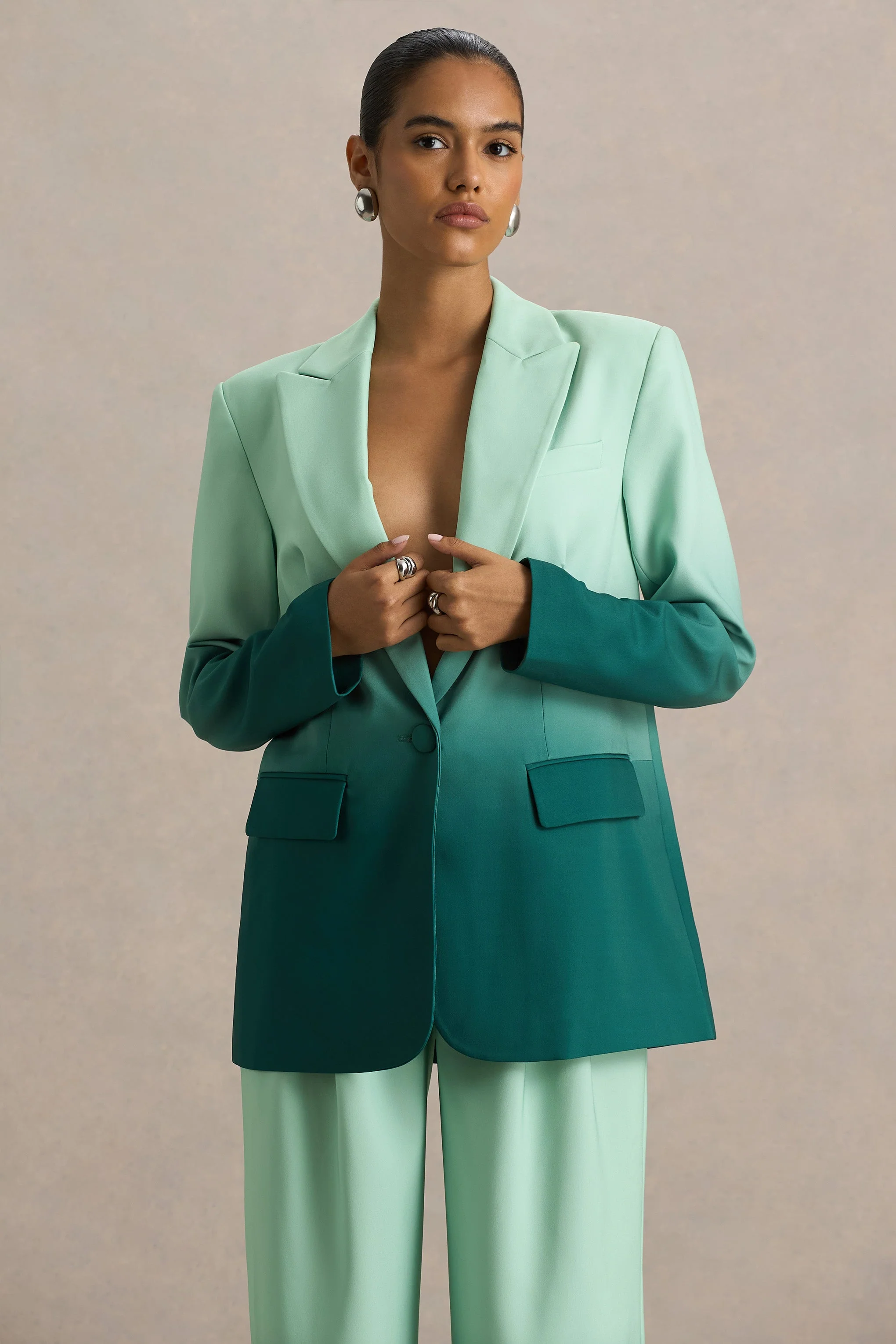 Enya | Smaragdgroene Ombre Diepe V-Hals Satijnen blazer - Image 6
