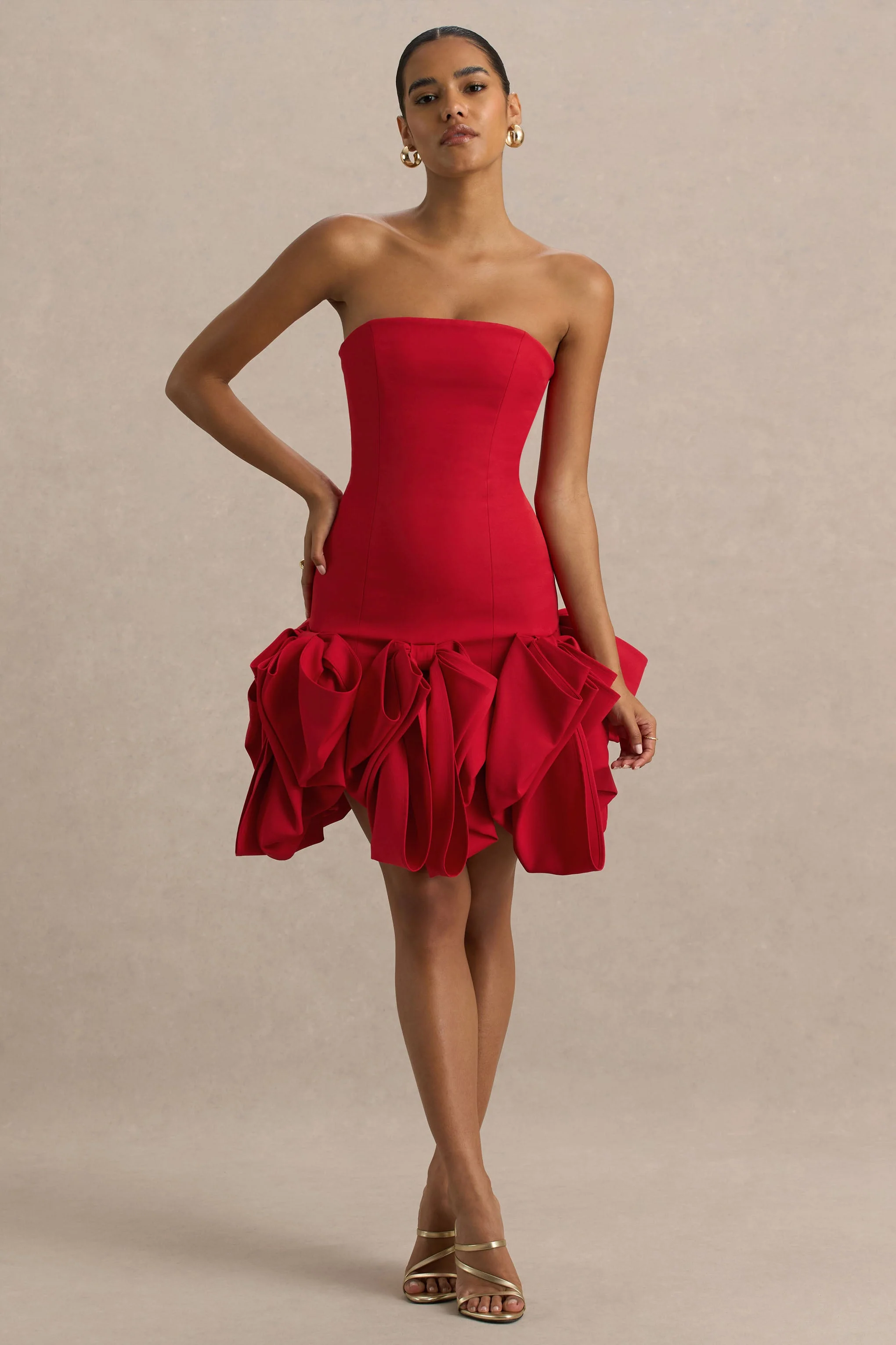 Erica | Rood Ruches Puffball Mini Jurk