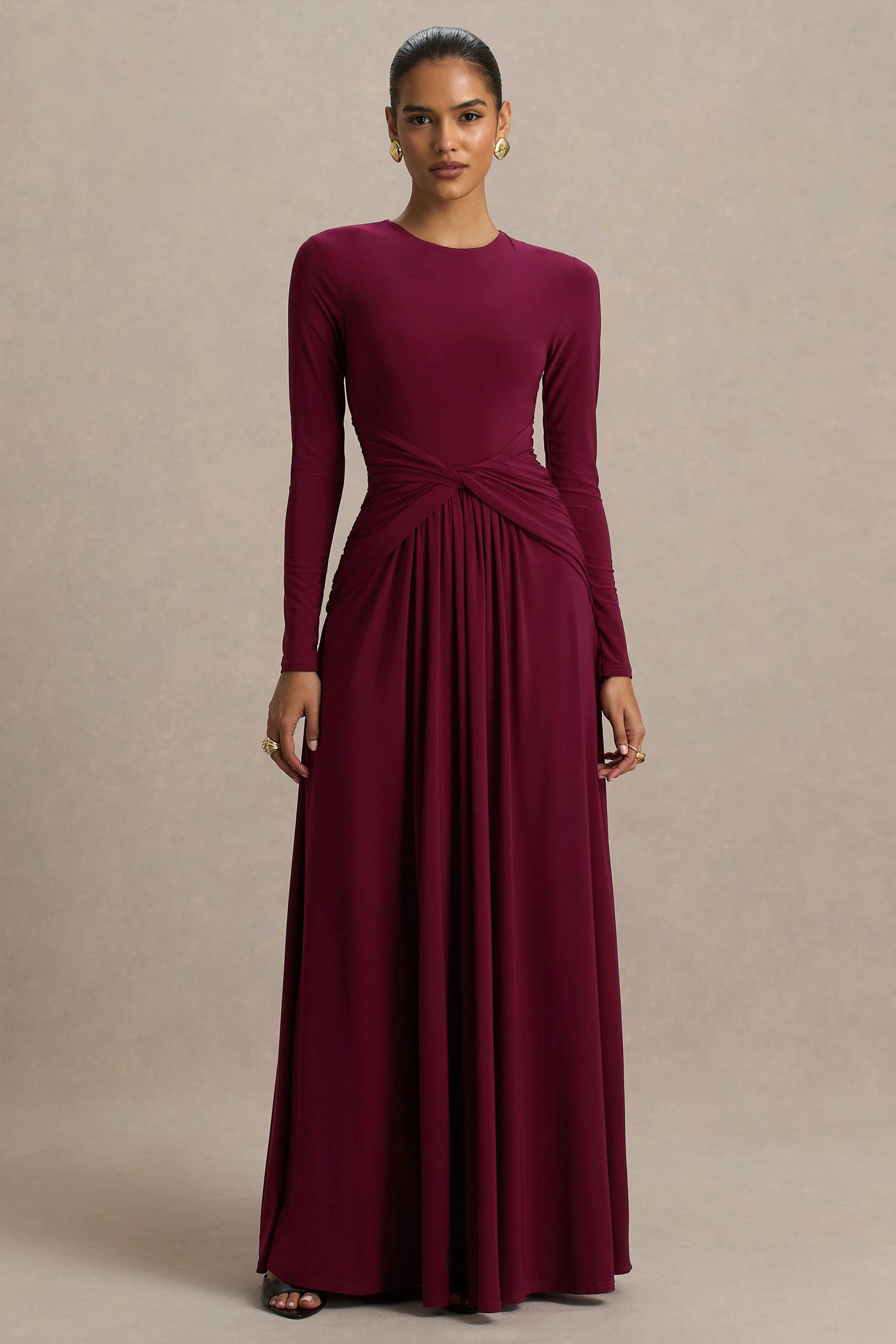 Estrella | Bessenrode Hoge Hals Maxi Jurk Met Gerimpeld Detail