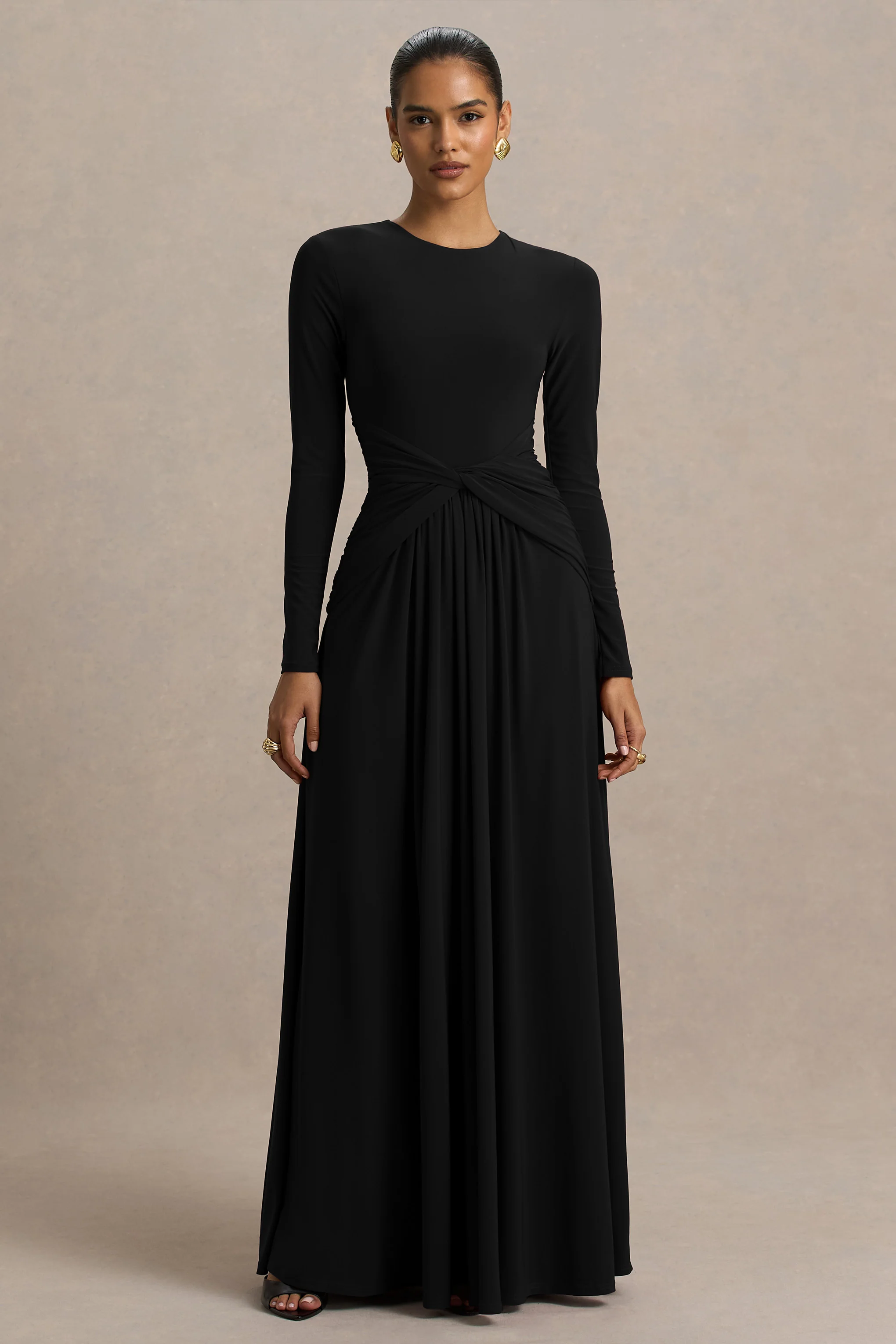 Estrella | Zwart Hoge Hals Maxi Jurk Met Gerimpeld Details - Image 4