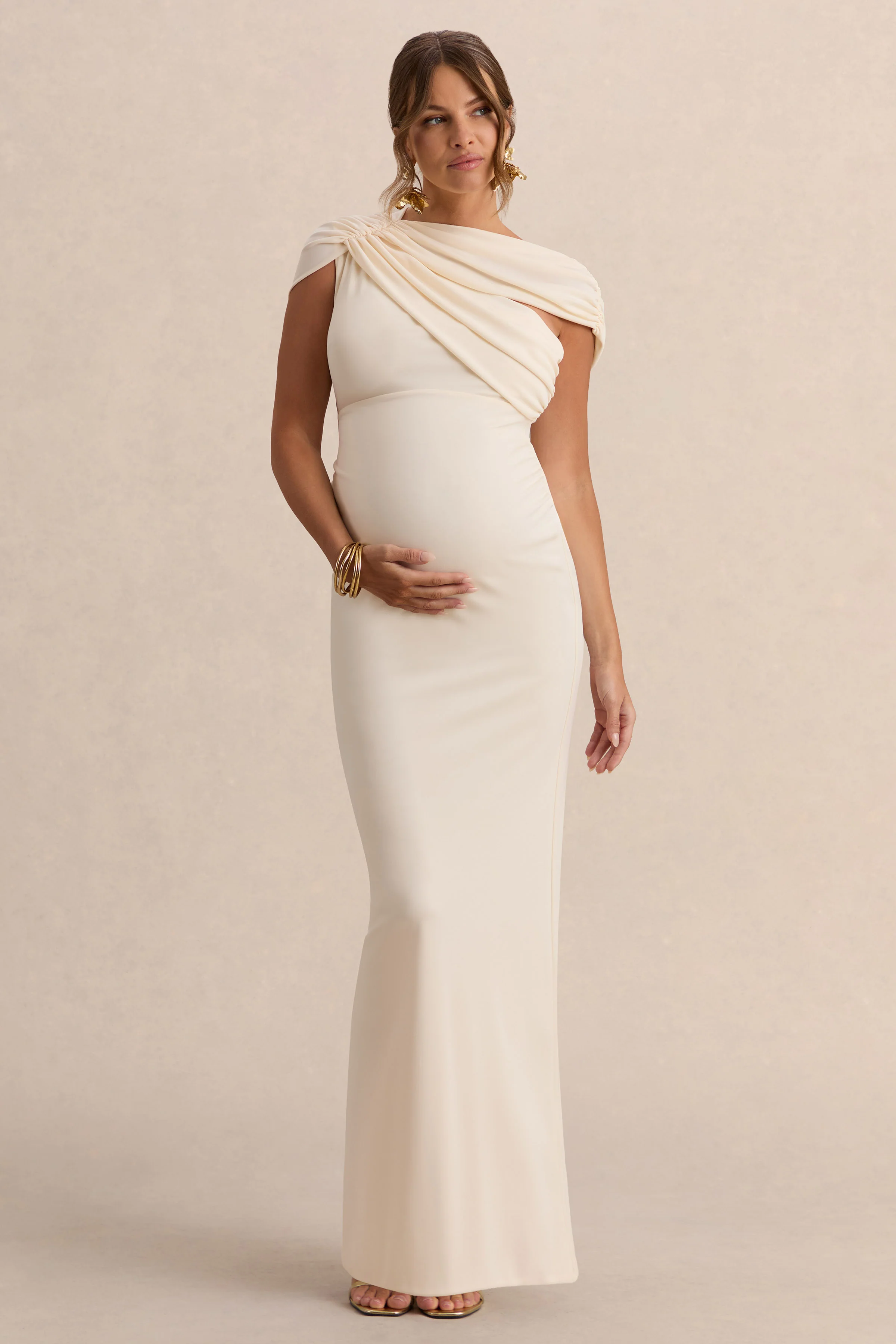 Eulalia | Crème Zwangerschap Maxi Jurk Met Asymmetrische Hals En Cape Detail