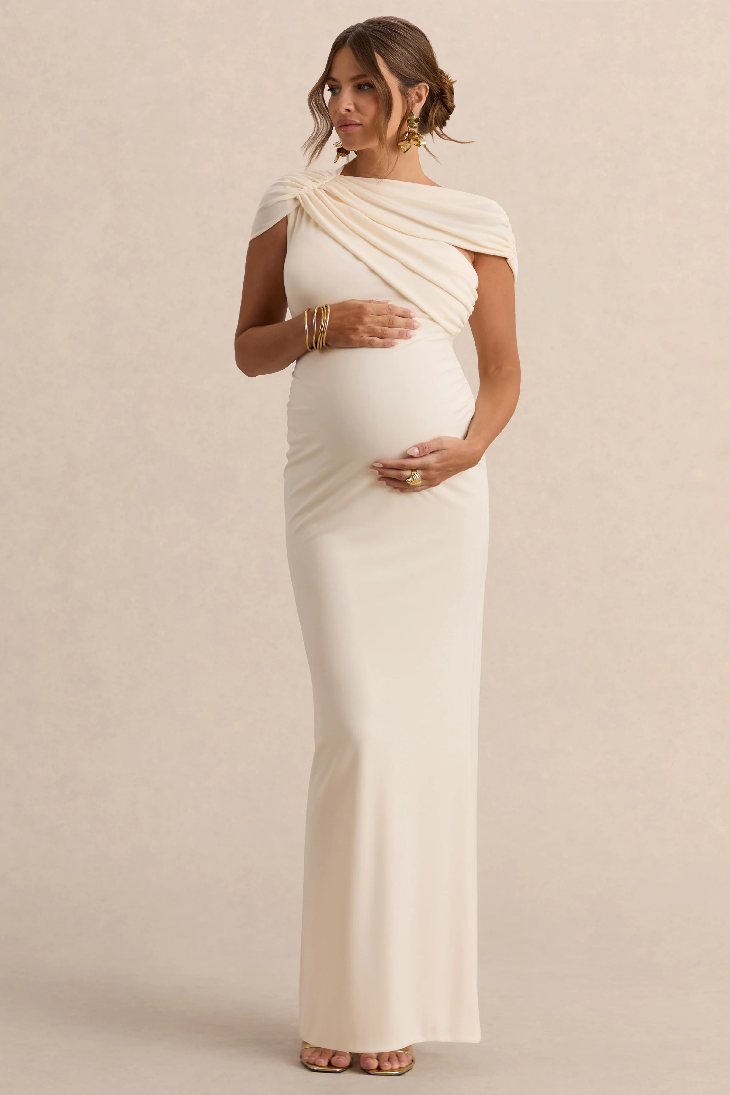 Eulalia | Crème Zwangerschap Maxi Jurk Met Asymmetrische Hals En Cape Detail - Image 6
