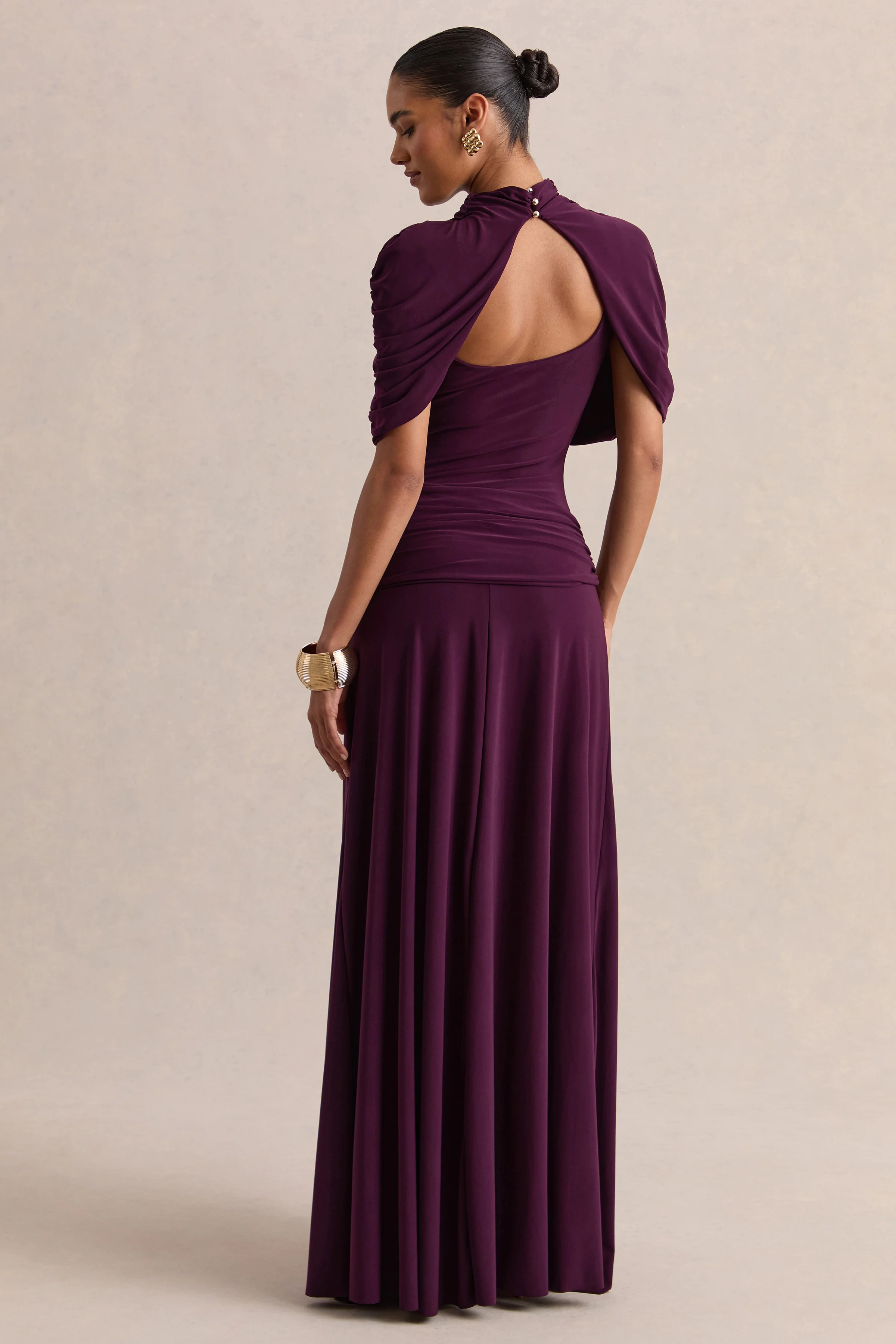 Evelisse | Pruimrode Hoge Hals Maxi Jurk met Korte Cape Mouwen - Image 2