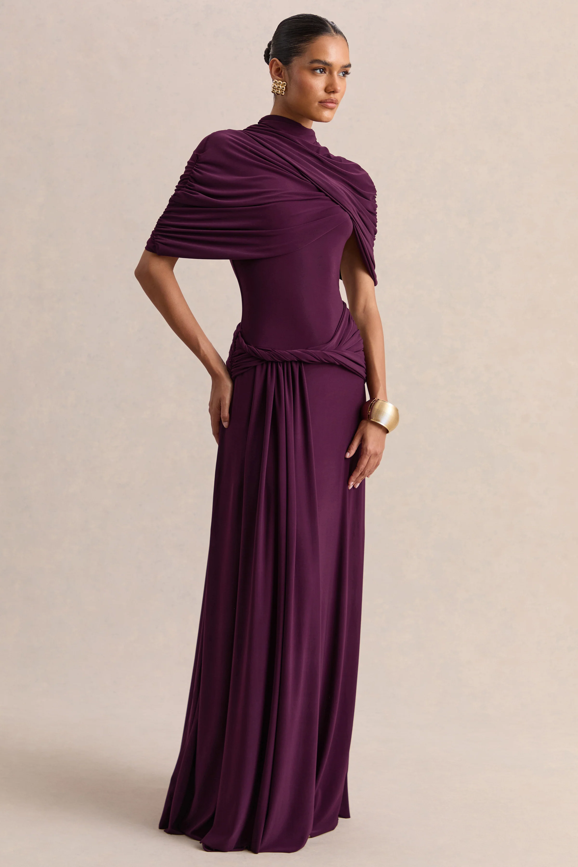 Evelisse | Pruimrode Hoge Hals Maxi Jurk met Korte Cape Mouwen - Image 4