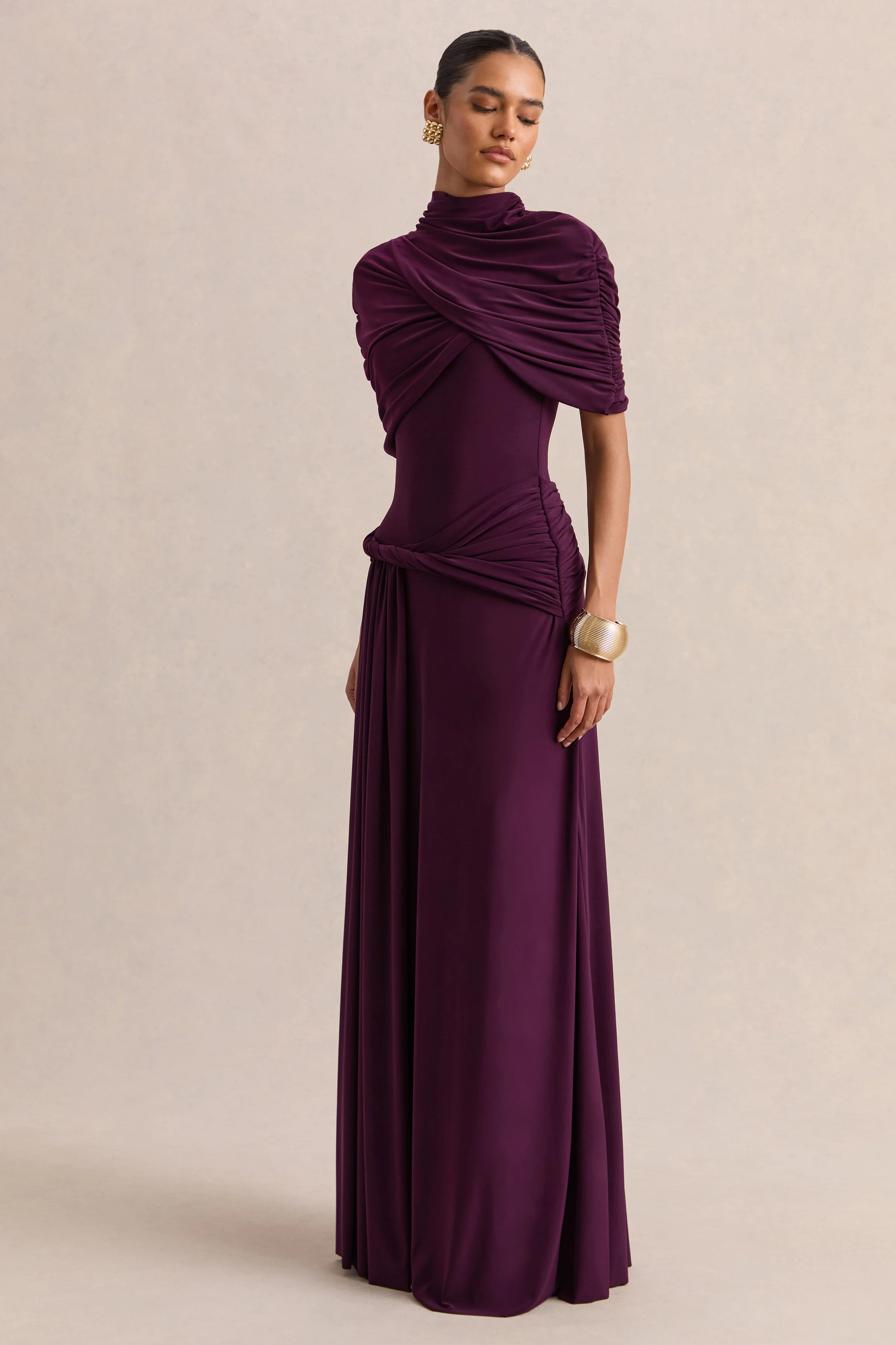 Evelisse | Pruimrode Hoge Hals Maxi Jurk met Korte Cape Mouwen - Image 5