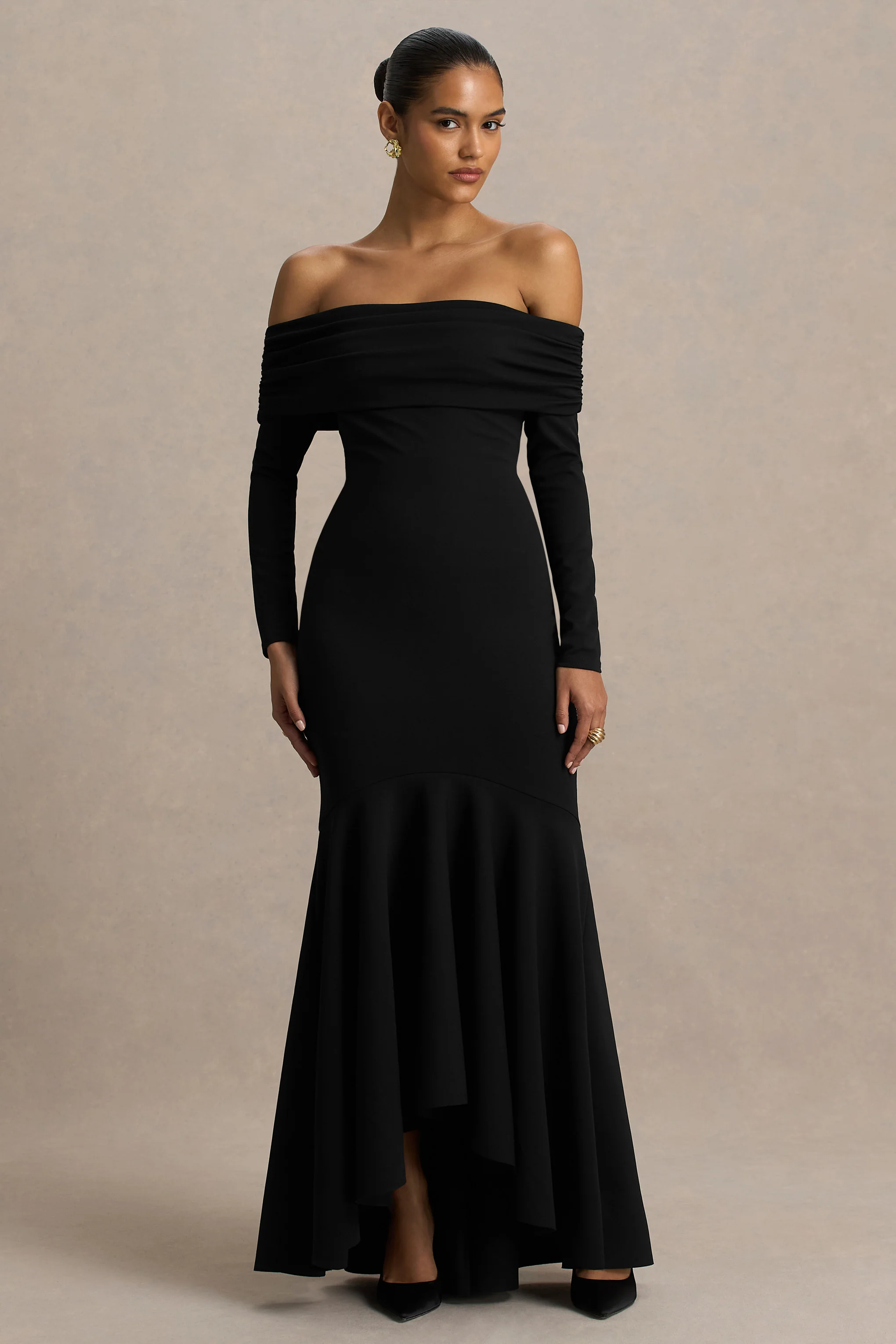 Everlasting | Zwarte Bardot Hals Maxi Jurk Met Verlaagde Taille