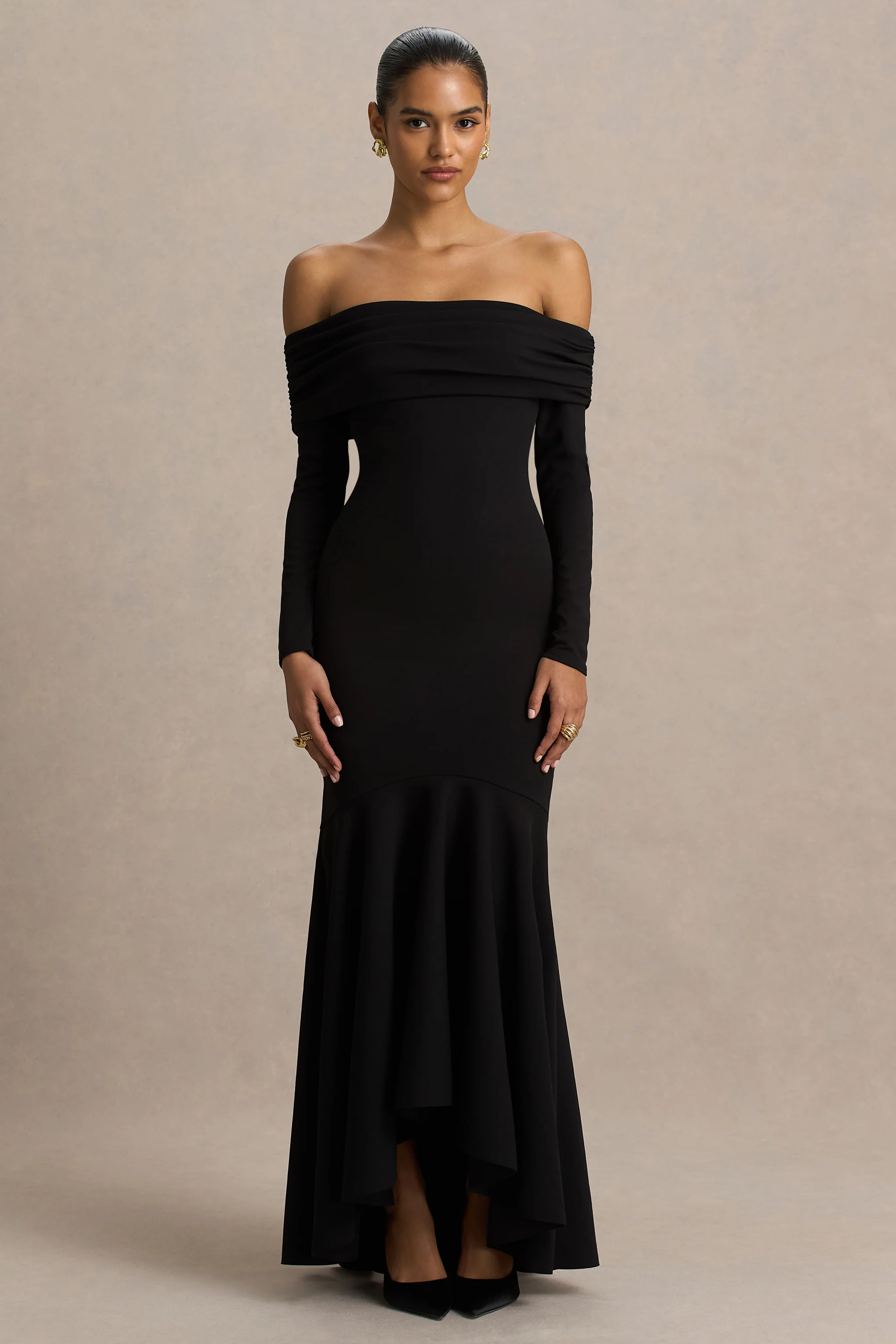 Everlasting | Zwarte Bardot Hals Maxi Jurk Met Verlaagde Taille - Image 4