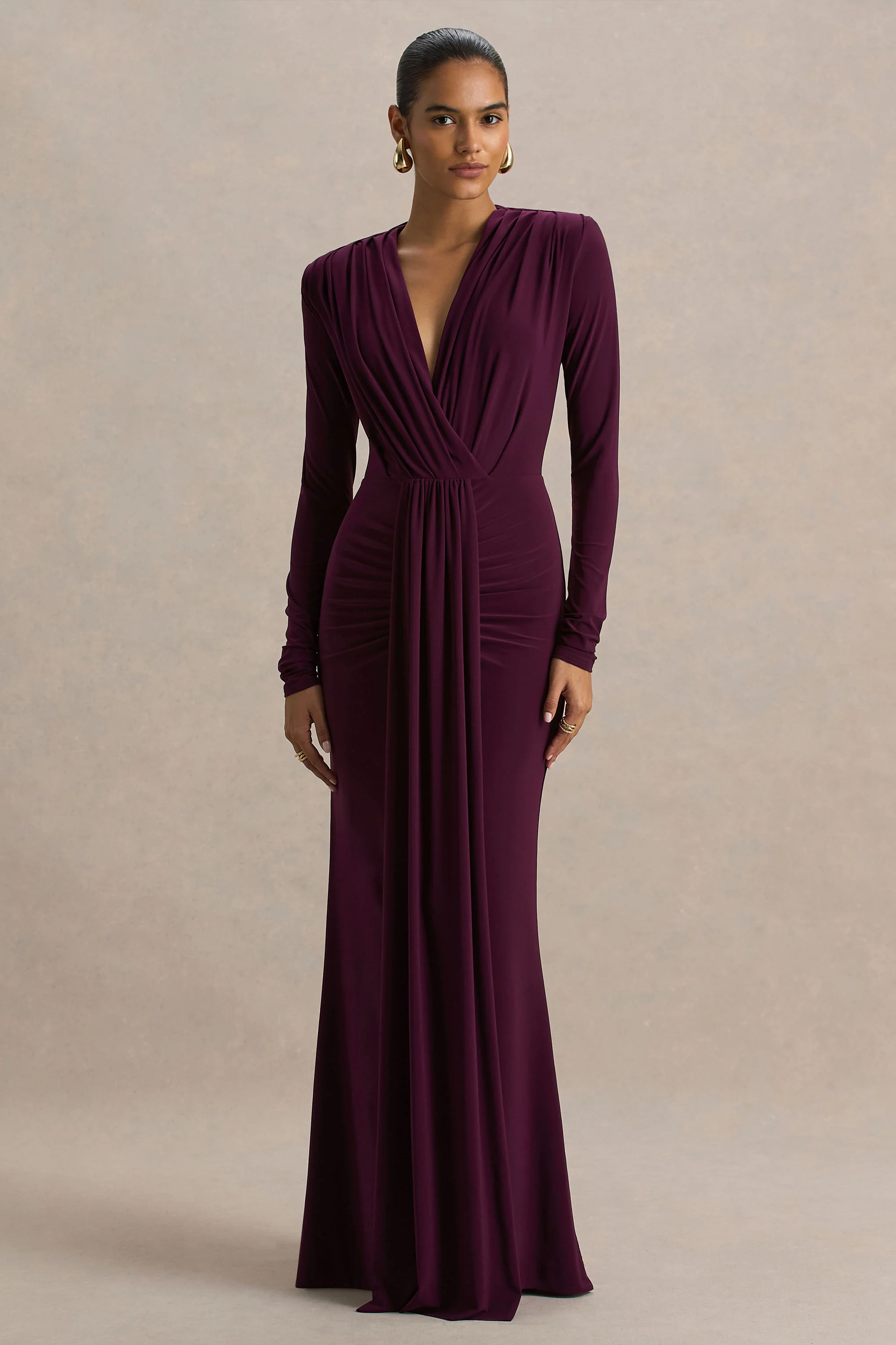 Flashy | Bordeaux Diepe V-Hals Maxi Jurk Met Gerimpeld Details