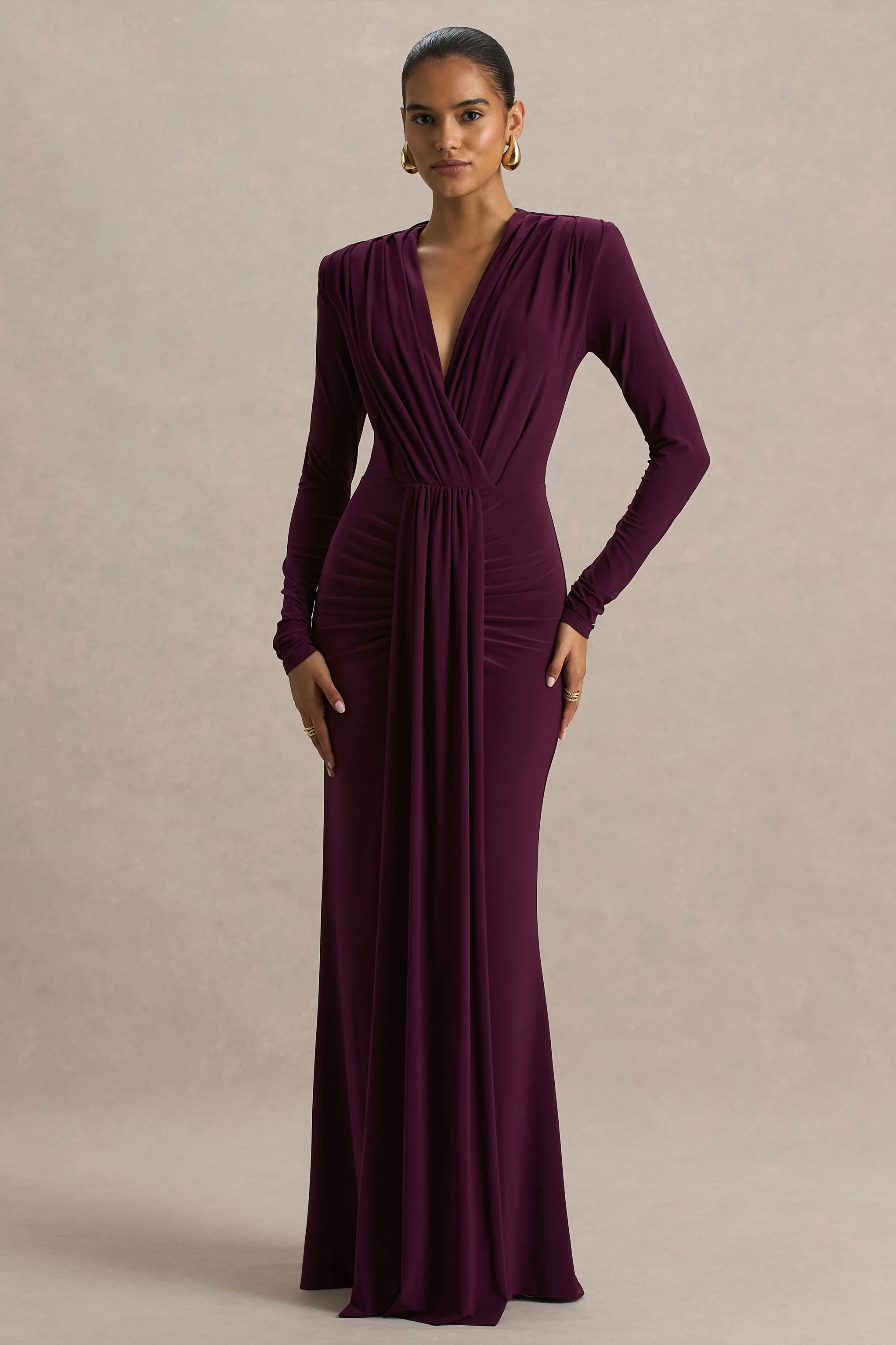 Flashy | Bordeaux Diepe V-Hals Maxi Jurk Met Gerimpeld Details - Image 5