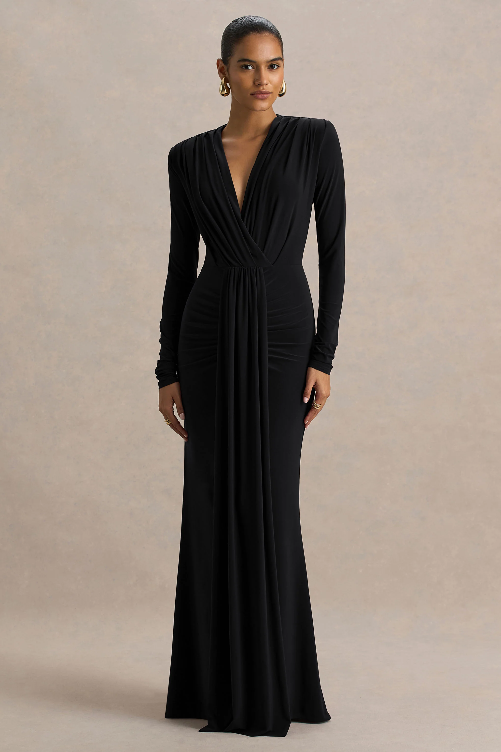 Flashy | Zwarte Diepe V-Hals Maxi Jurk Met Gerimpeld Details - Image 4