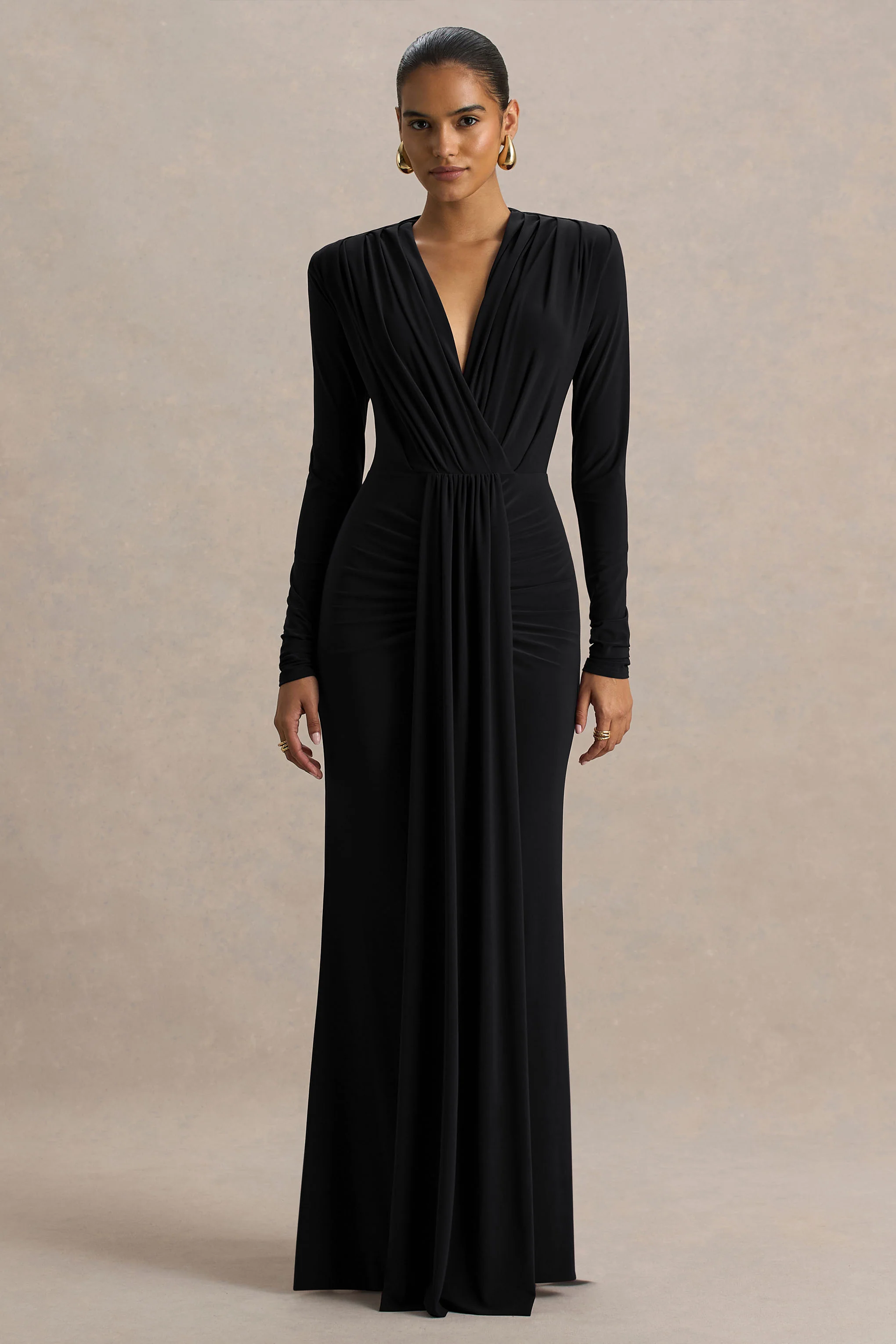 Flashy | Zwarte Diepe V-Hals Maxi Jurk Met Gerimpeld Details - Image 5