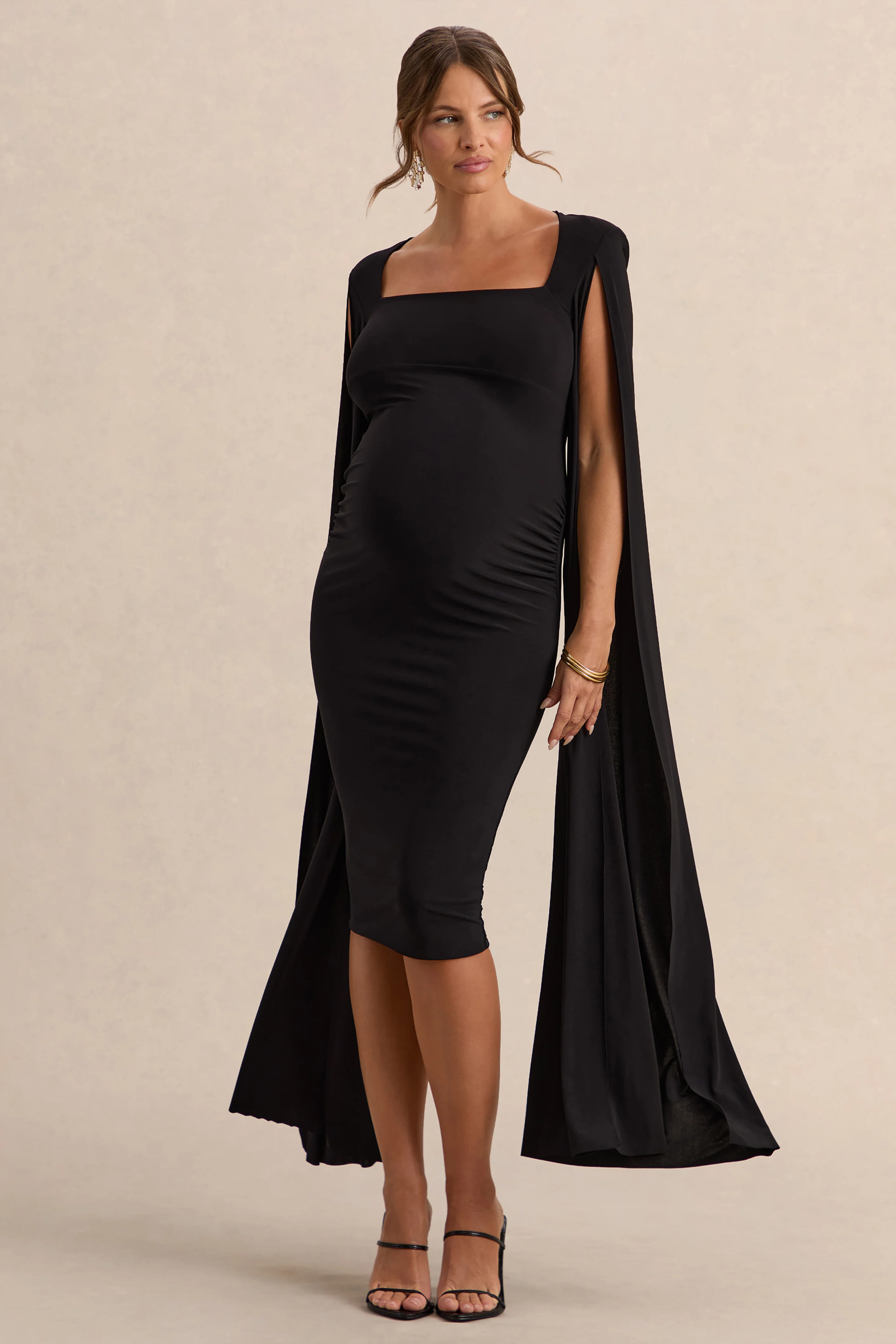 Flawless | Zwarte Vierkante Hals Zwangerschaps Midi Jurk Met Cape-Mouwen
