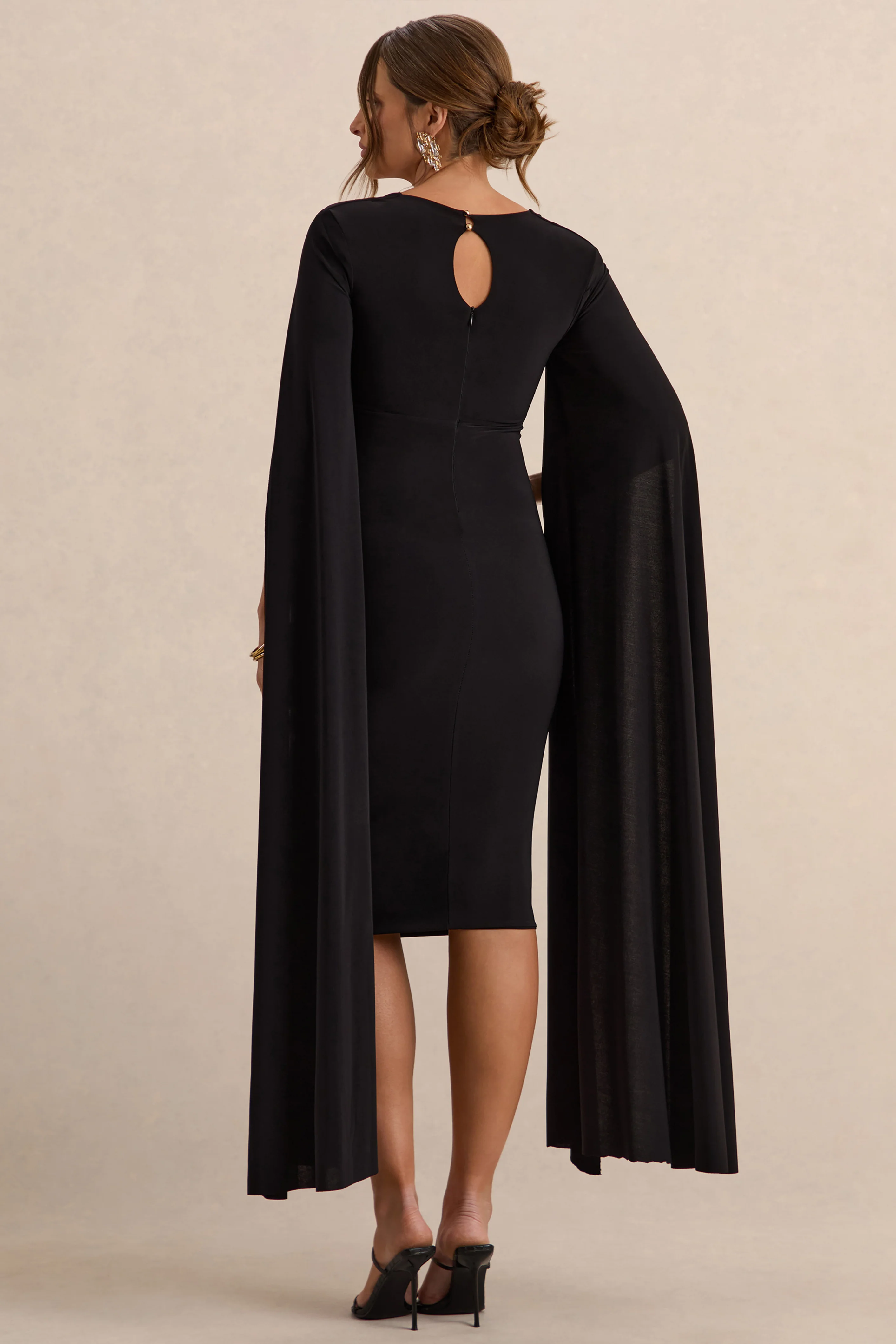 Flawless | Zwarte Vierkante Hals Zwangerschaps Midi Jurk Met Cape-Mouwen - Image 2