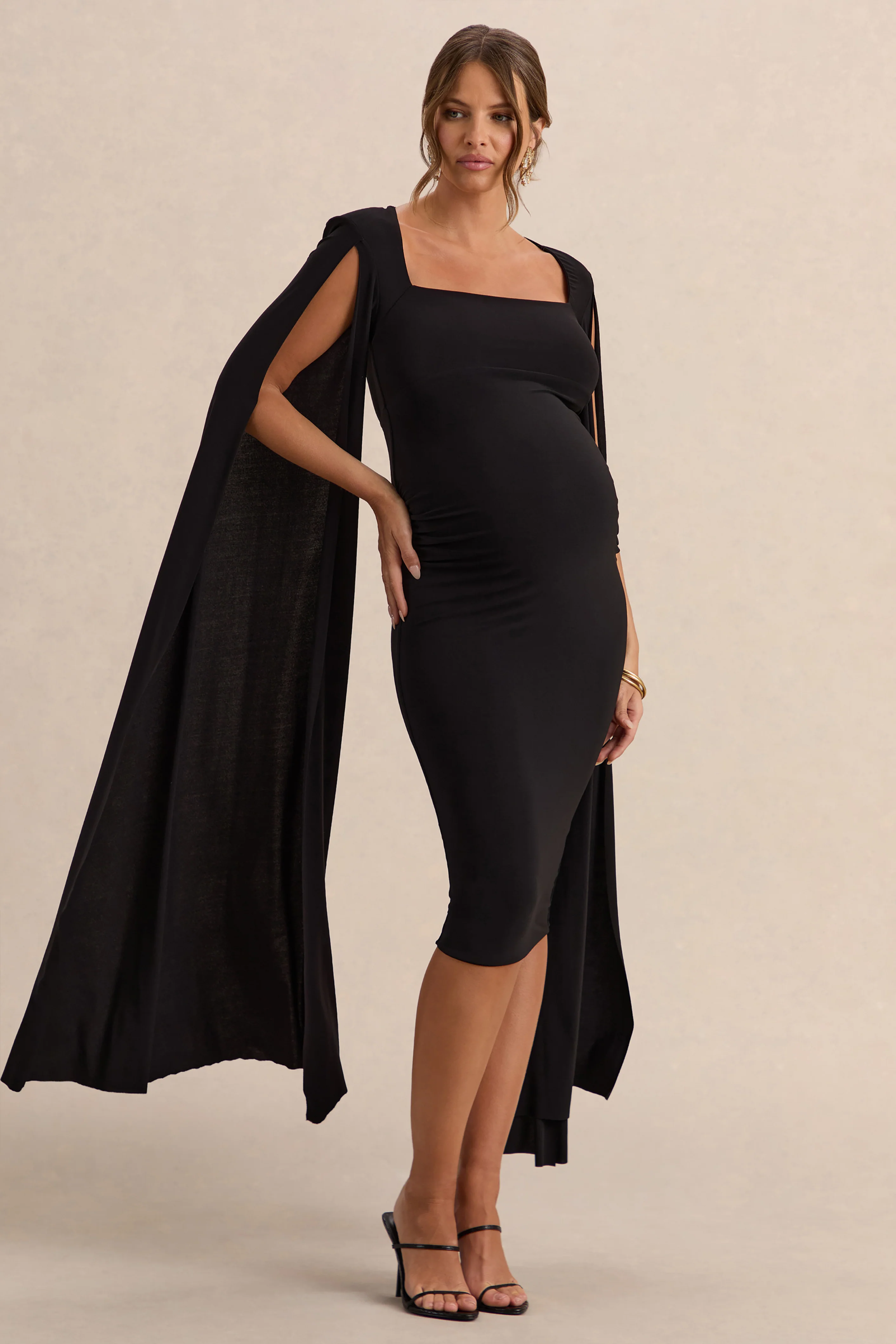 Flawless | Zwarte Vierkante Hals Zwangerschaps Midi Jurk Met Cape-Mouwen - Image 4