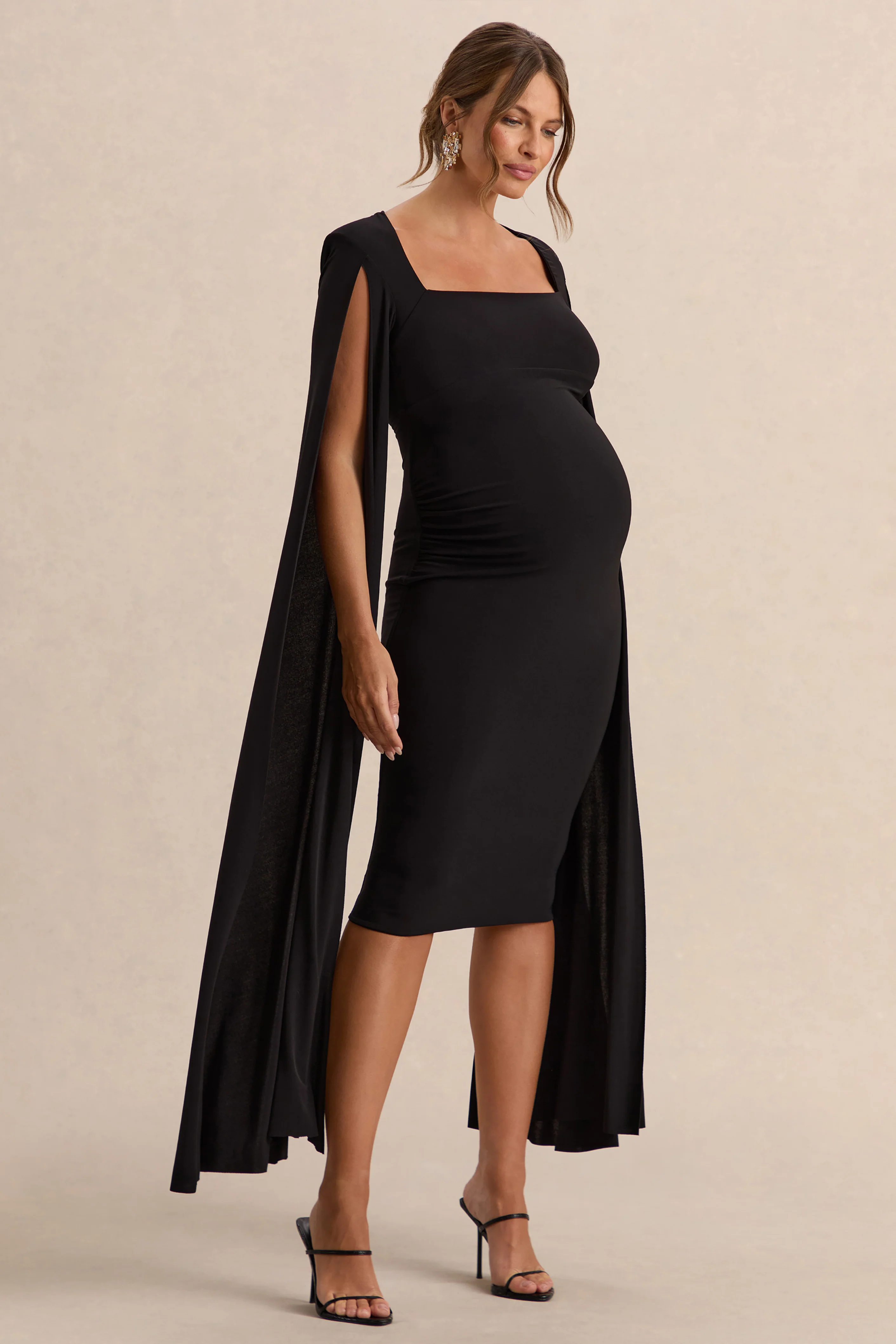 Flawless | Zwarte Vierkante Hals Zwangerschaps Midi Jurk Met Cape-Mouwen - Image 5