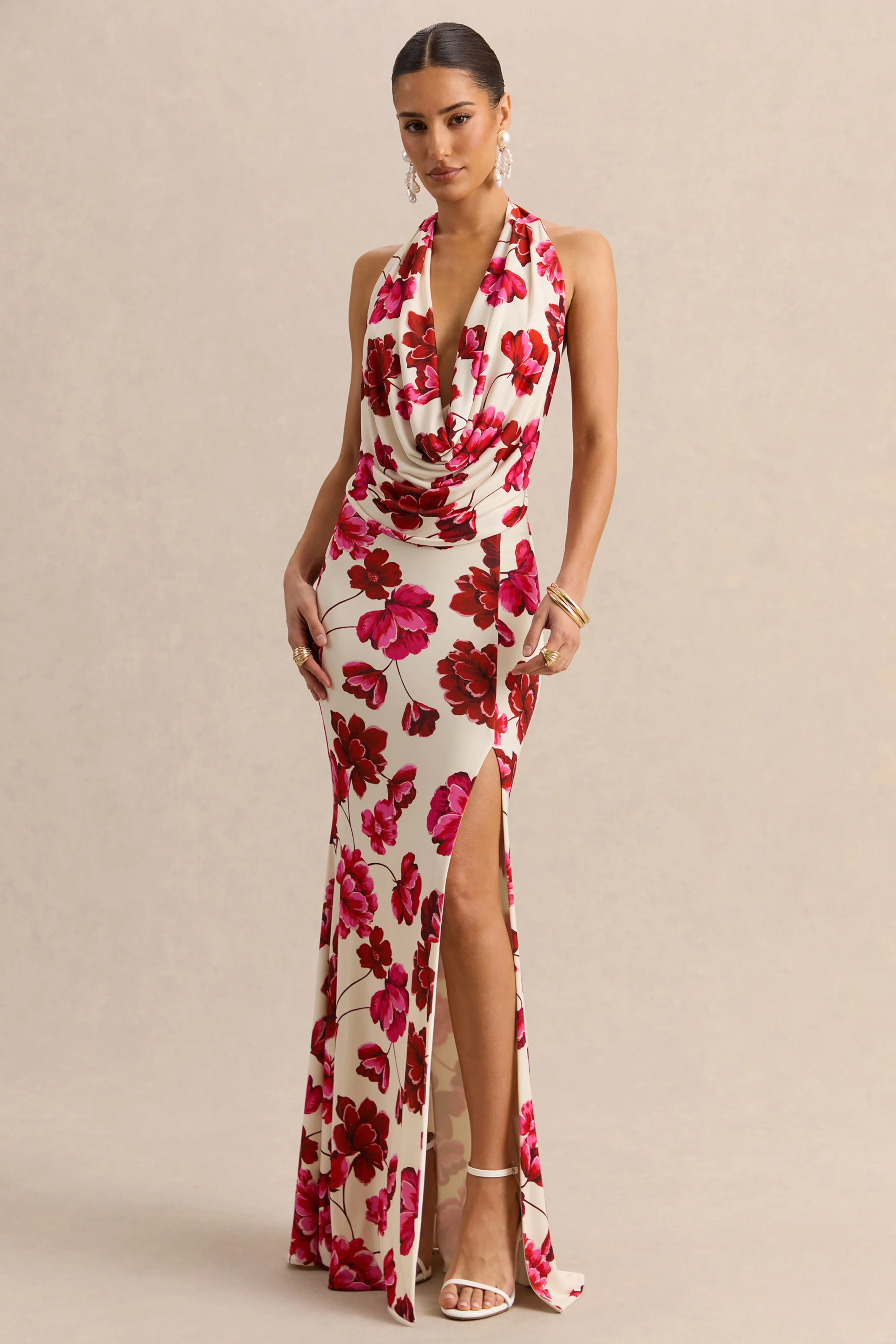 Flossie | Felroze Bloemenprint Maxi Jurk Met Diepe V-Hals