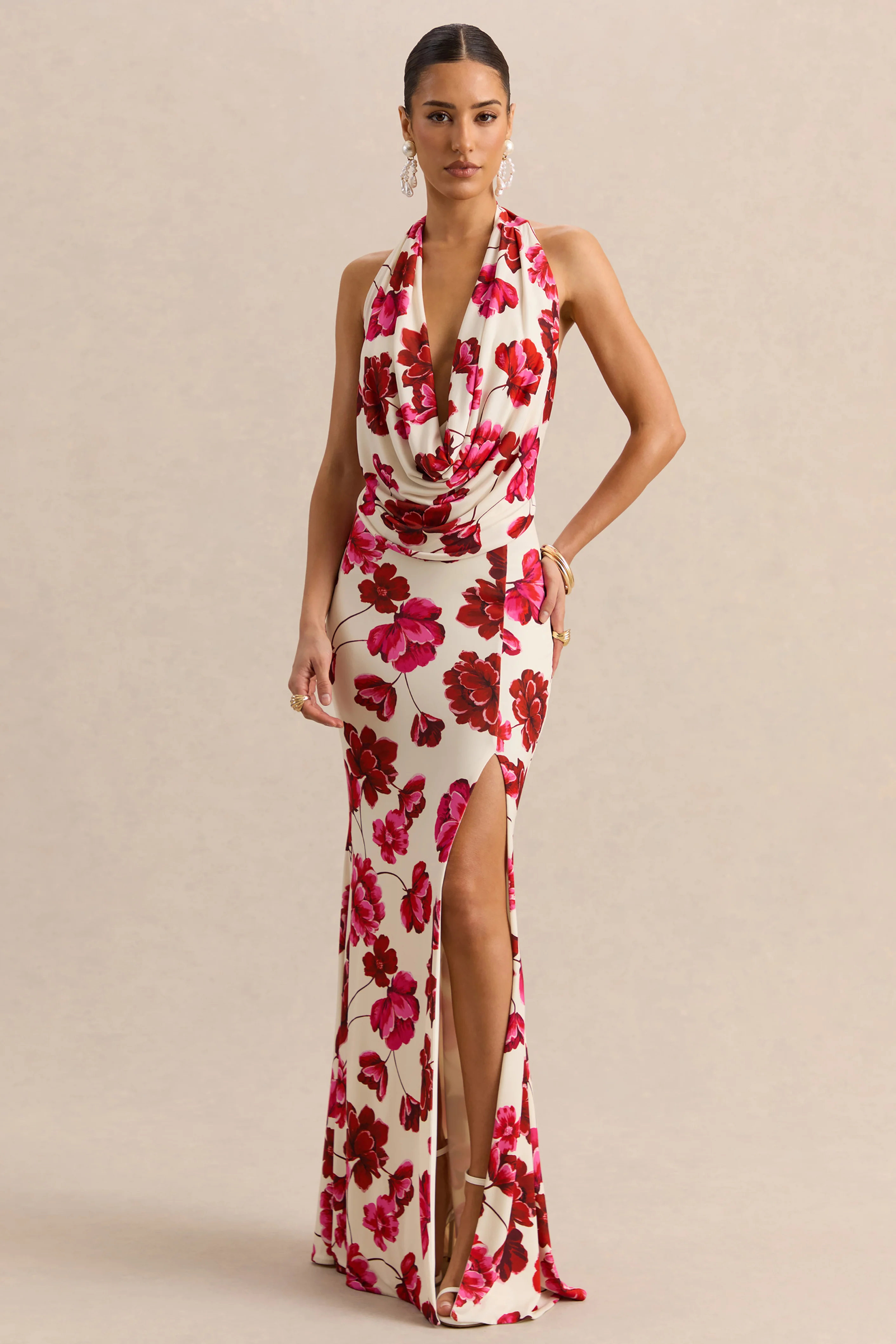 Flossie | Felroze Bloemenprint Maxi Jurk Met Diepe V-Hals - Image 4