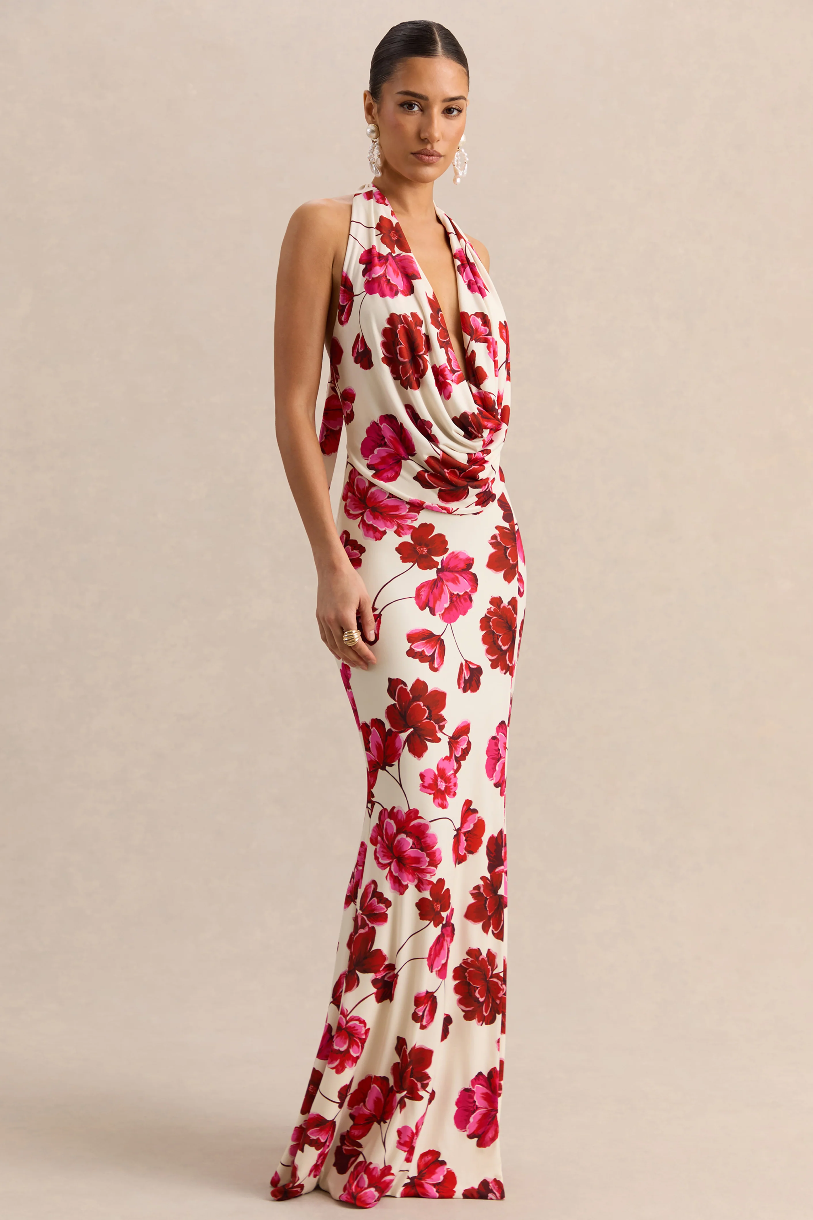 Flossie | Felroze Bloemenprint Maxi Jurk Met Diepe V-Hals - Image 5