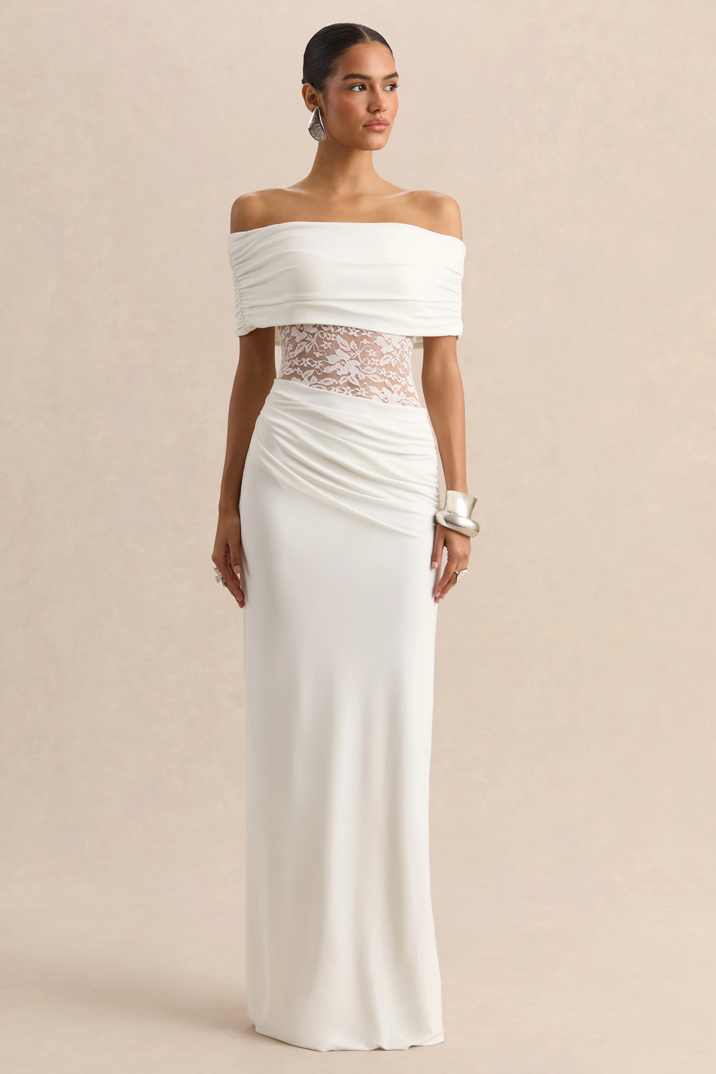 Forsya | Witte Maxi Jurk Met Bardot Halslijn En Kanten Details