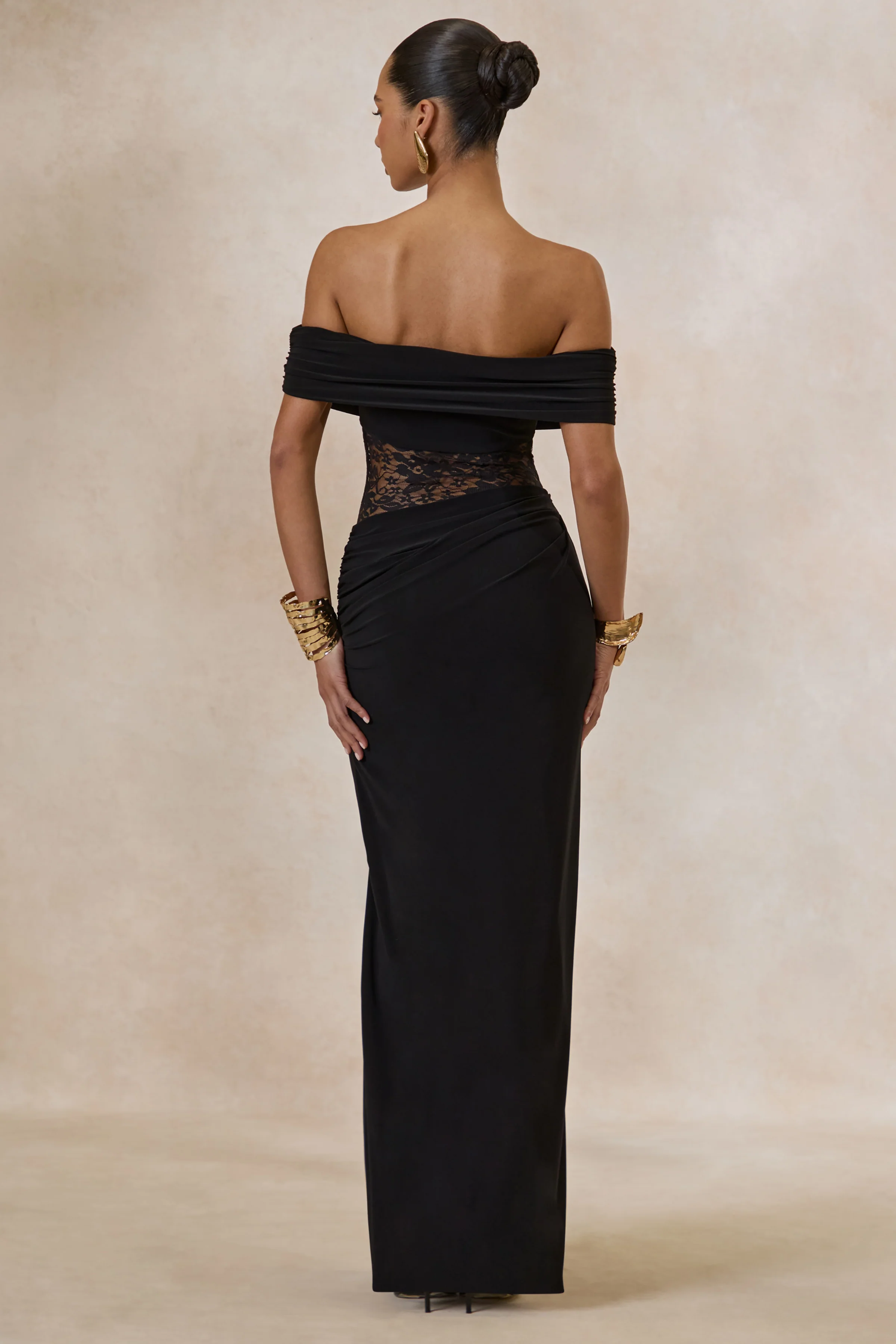 Forsya | Zwarte Bardot Hals Maxi Jurk Met Kanten Details - Image 2
