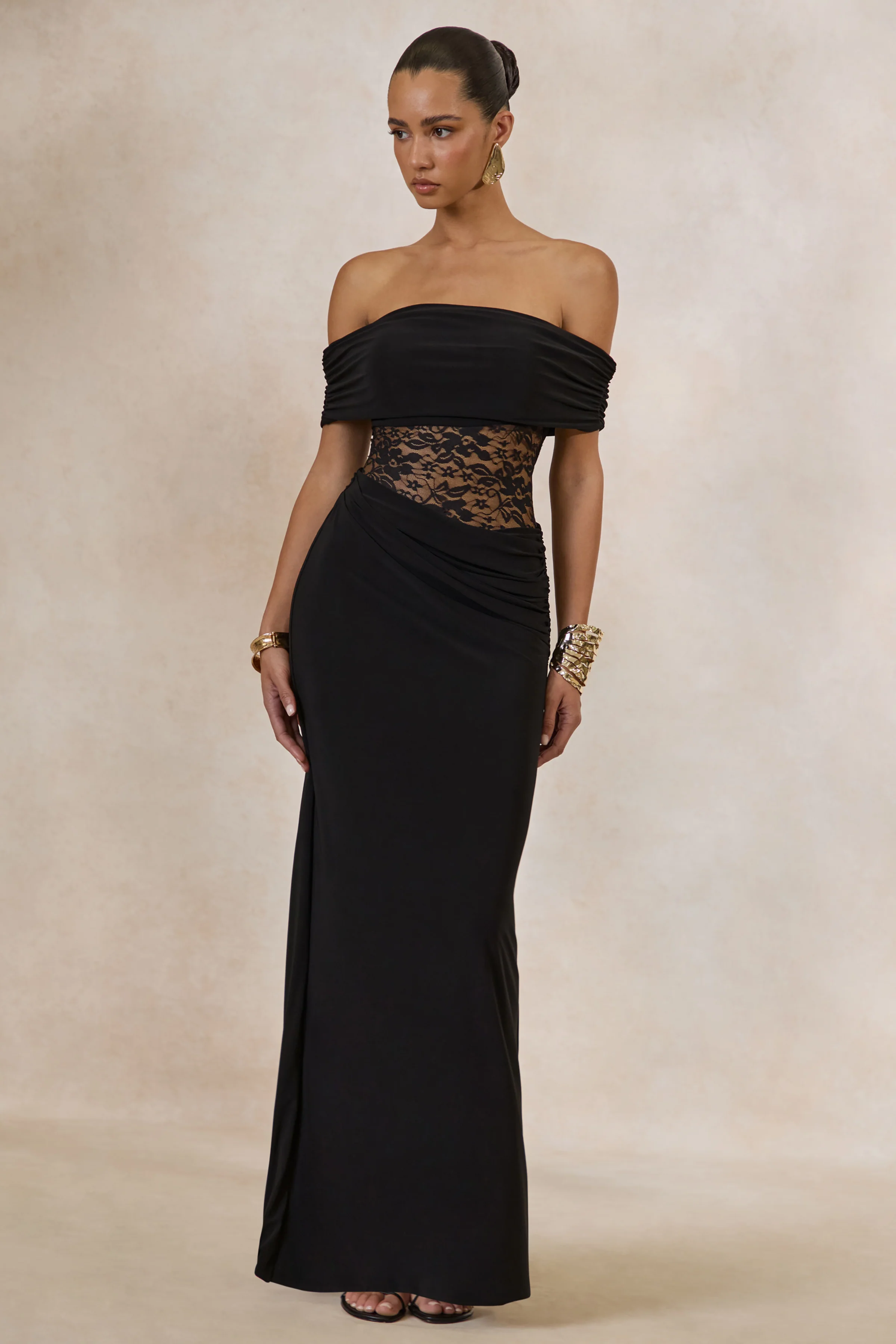 Forsya | Zwarte Bardot Hals Maxi Jurk Met Kanten Details - Image 5