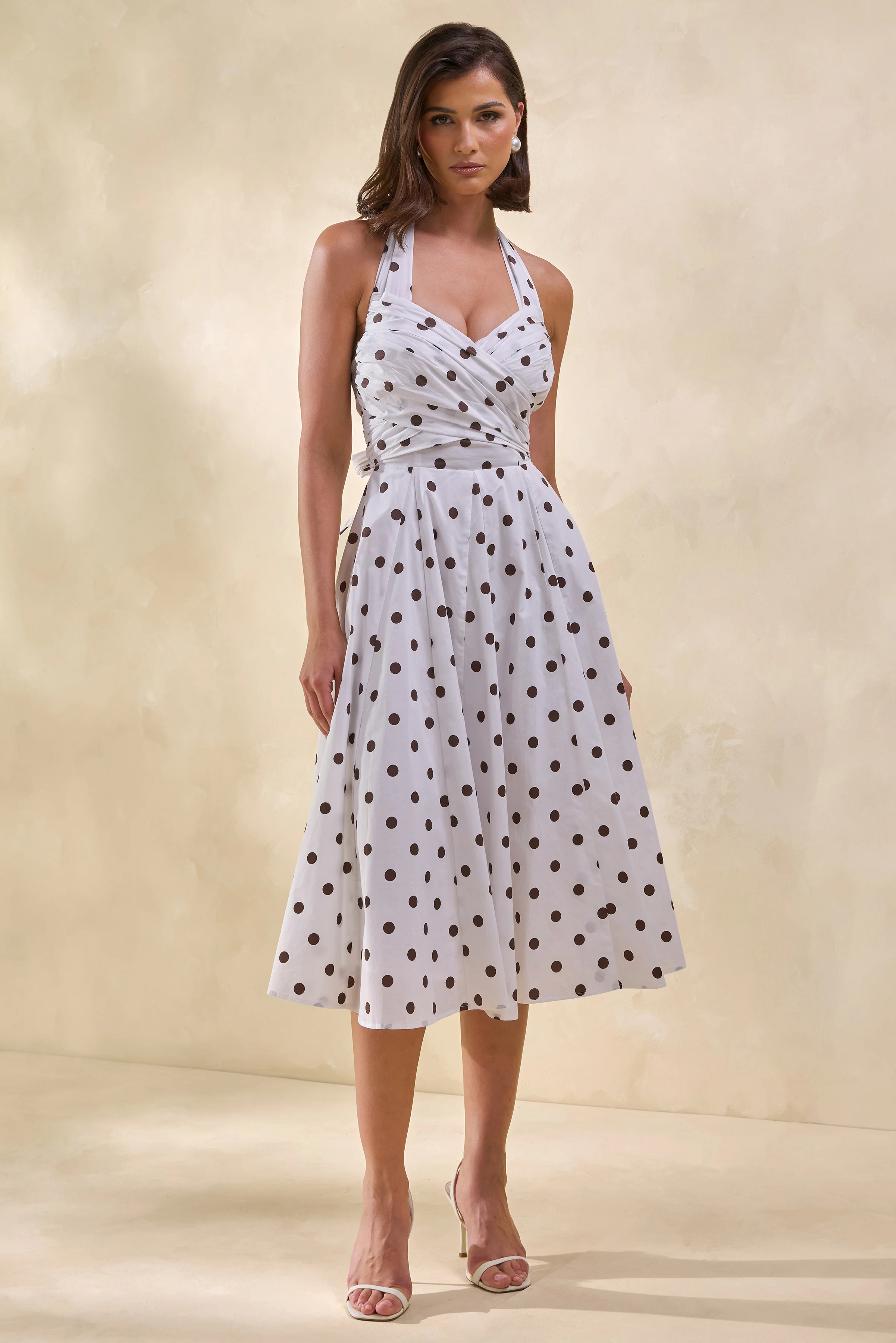 Franceline | Crème En Bruine Stippen Print Halternek Midi Jurk