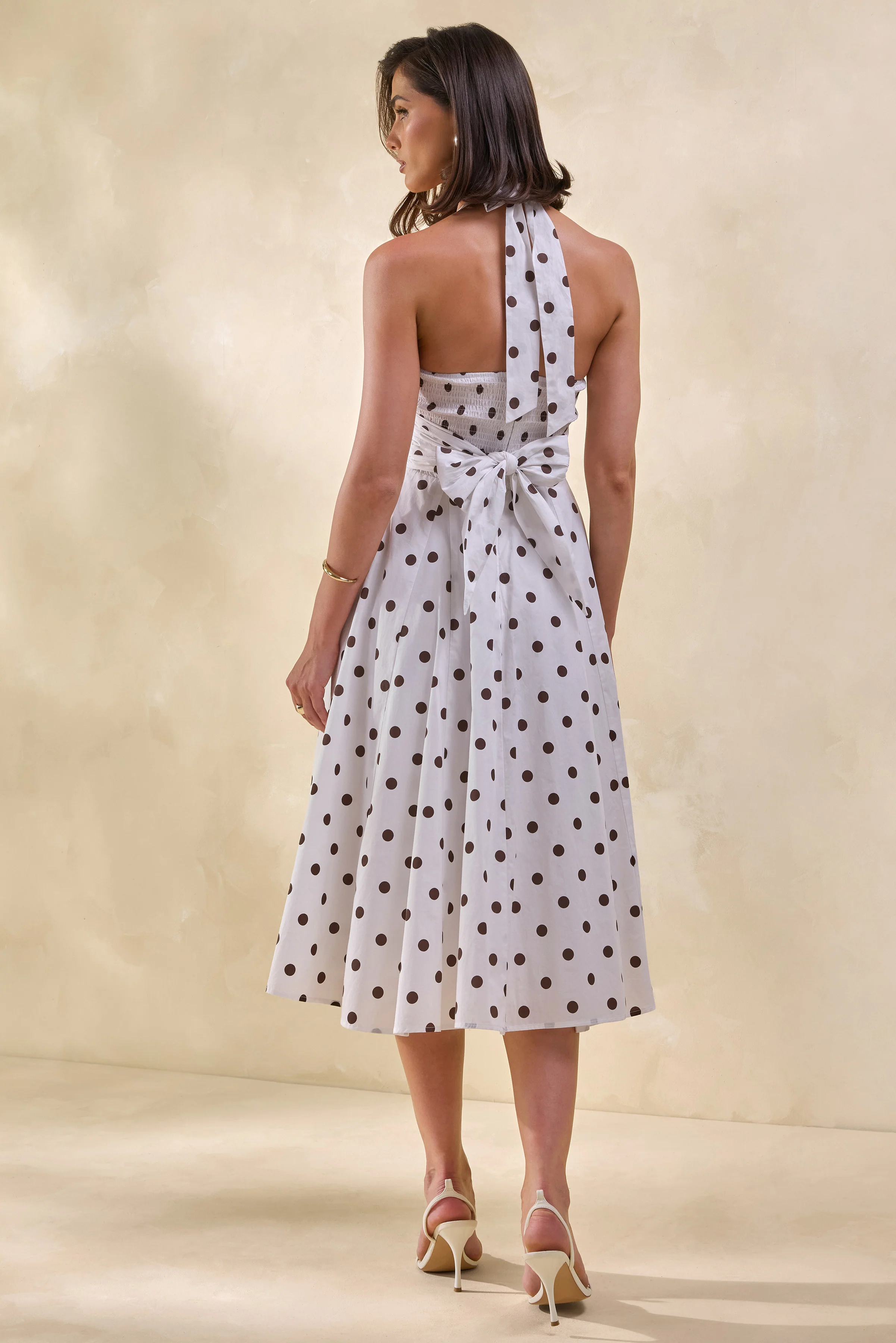Franceline | Crème En Bruine Stippen Print Halternek Midi Jurk - Image 2