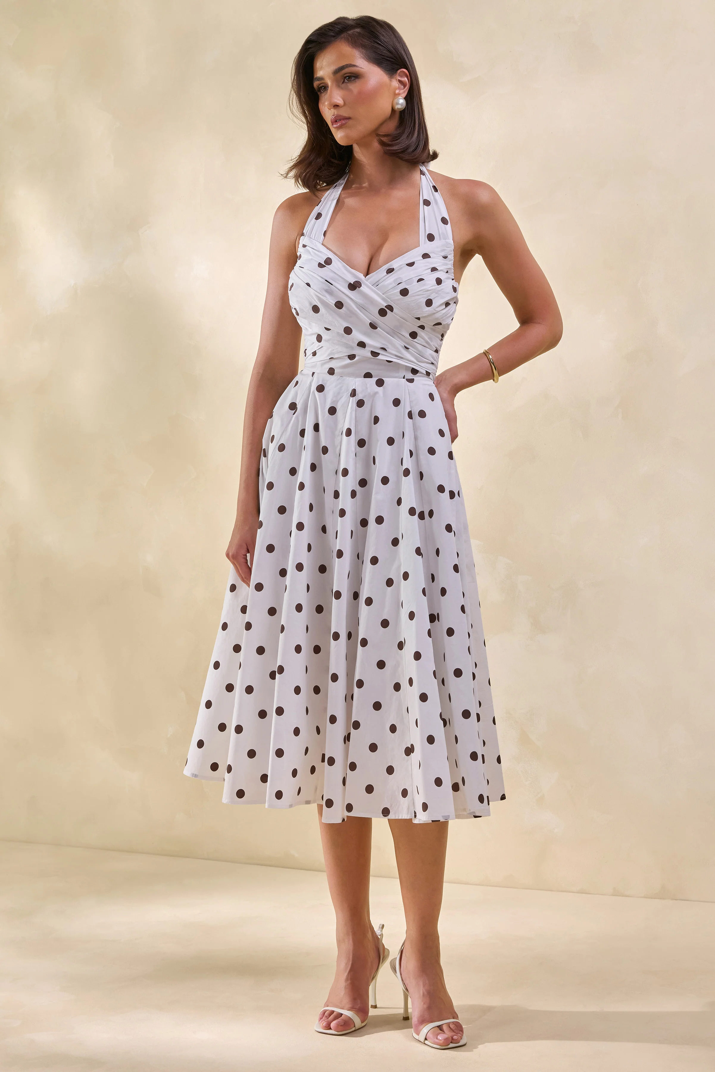 Franceline | Crème En Bruine Stippen Print Halternek Midi Jurk - Image 6