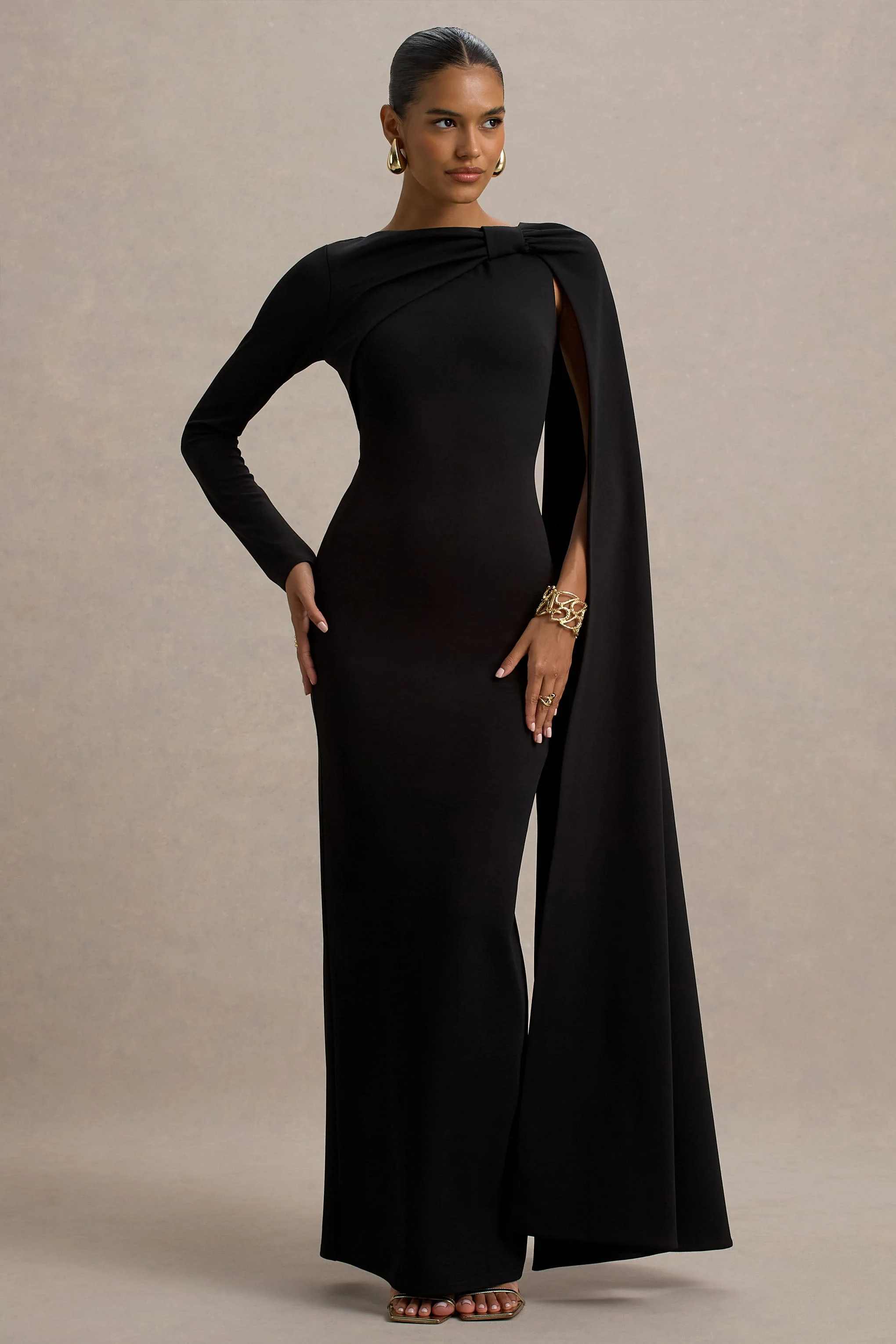 Frances | Zwarte Hoge Hals Maxi Jurk Met Cape Detail